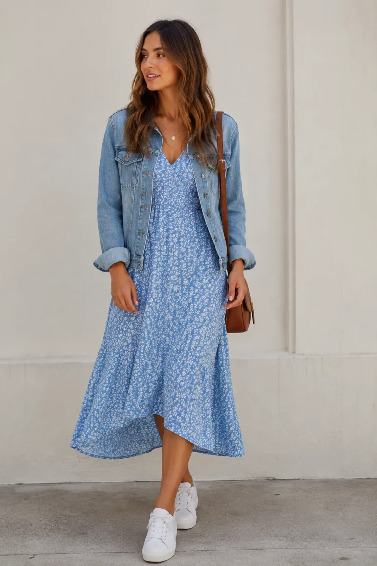 Women floral dress blue Outfit 1 — women floral dress blue style outfit, worn by a stylish woman