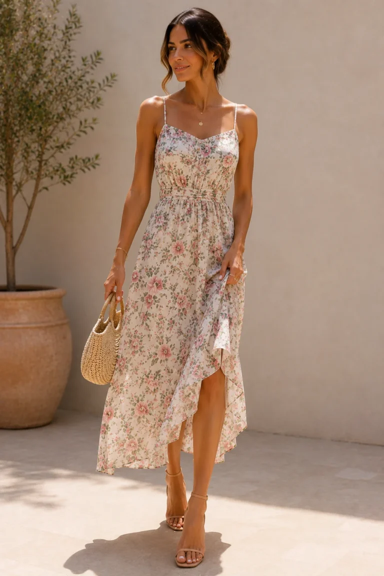 Women floral dress summer Outfit 1 — women floral dress summer style outfit, worn by a stylish woman