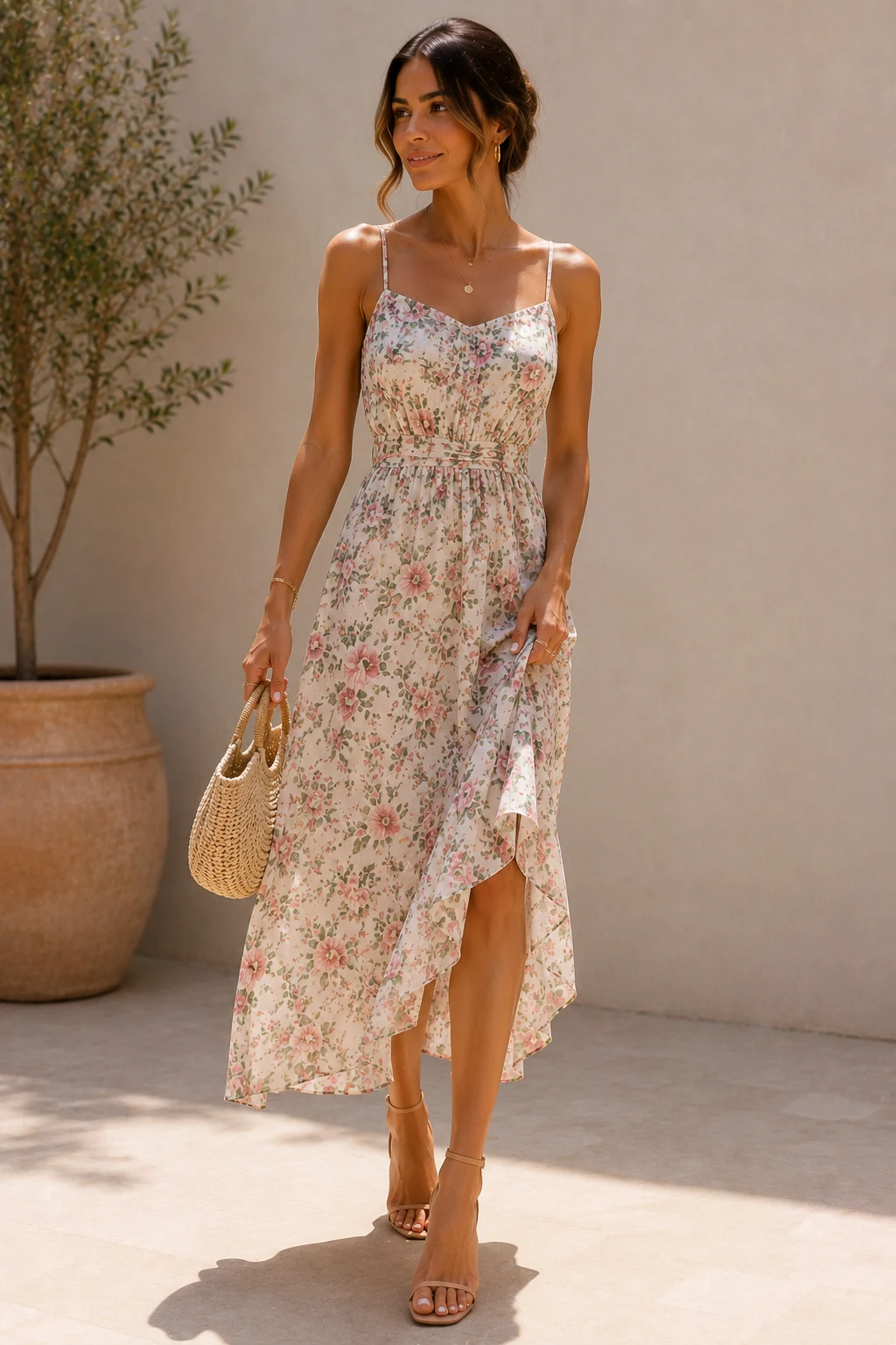 Outfit 1 — women floral dress summer style outfit, worn by a stylish woman