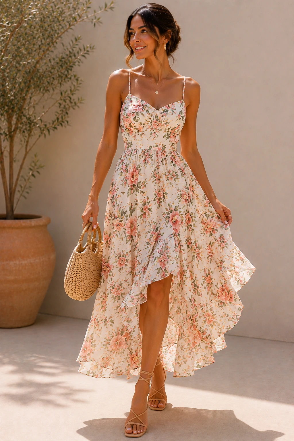 Outfit 5 — women floral dress summer style outfit, worn by a stylish woman