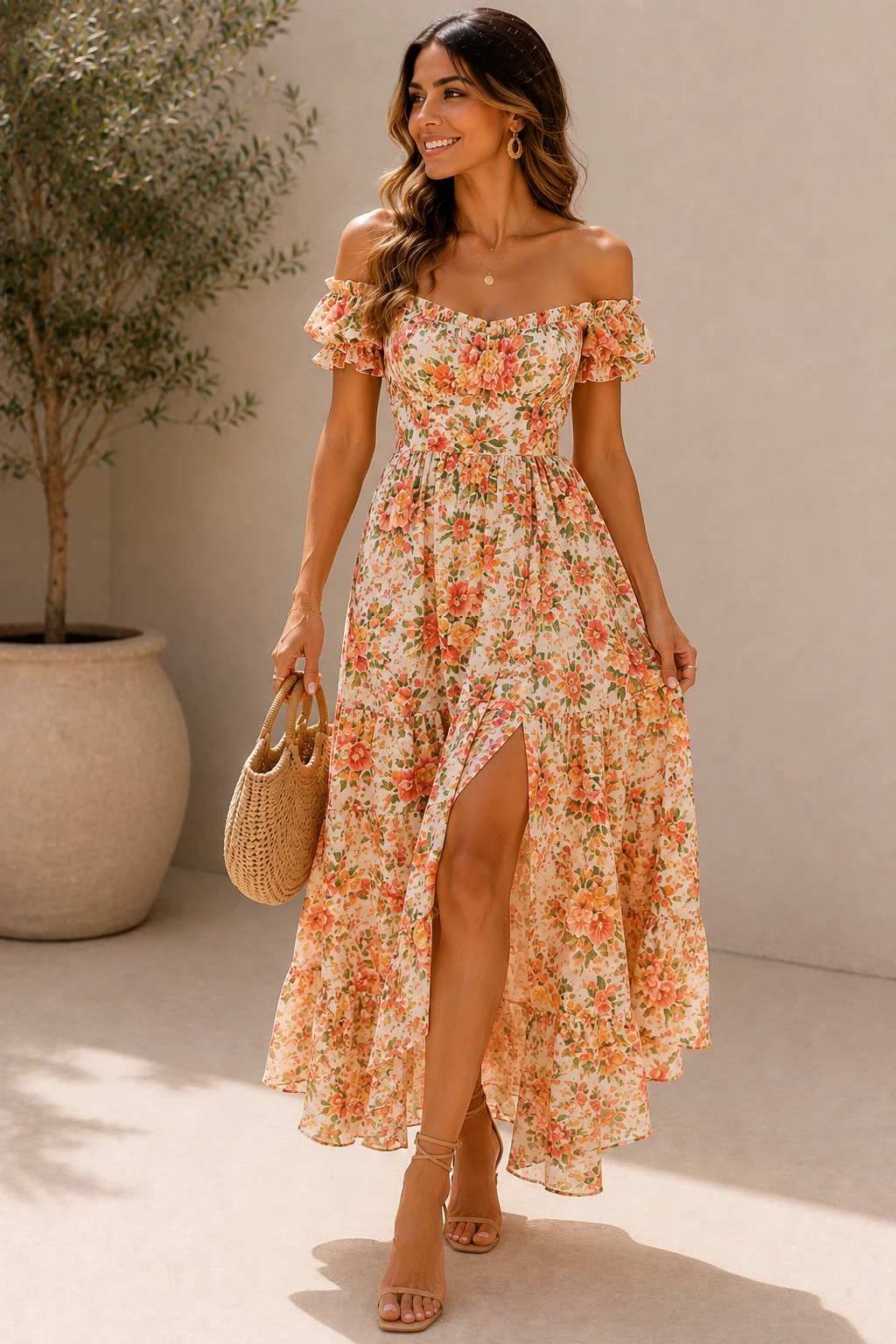 Outfit 6 — women floral dress summer style outfit, worn by a stylish woman
