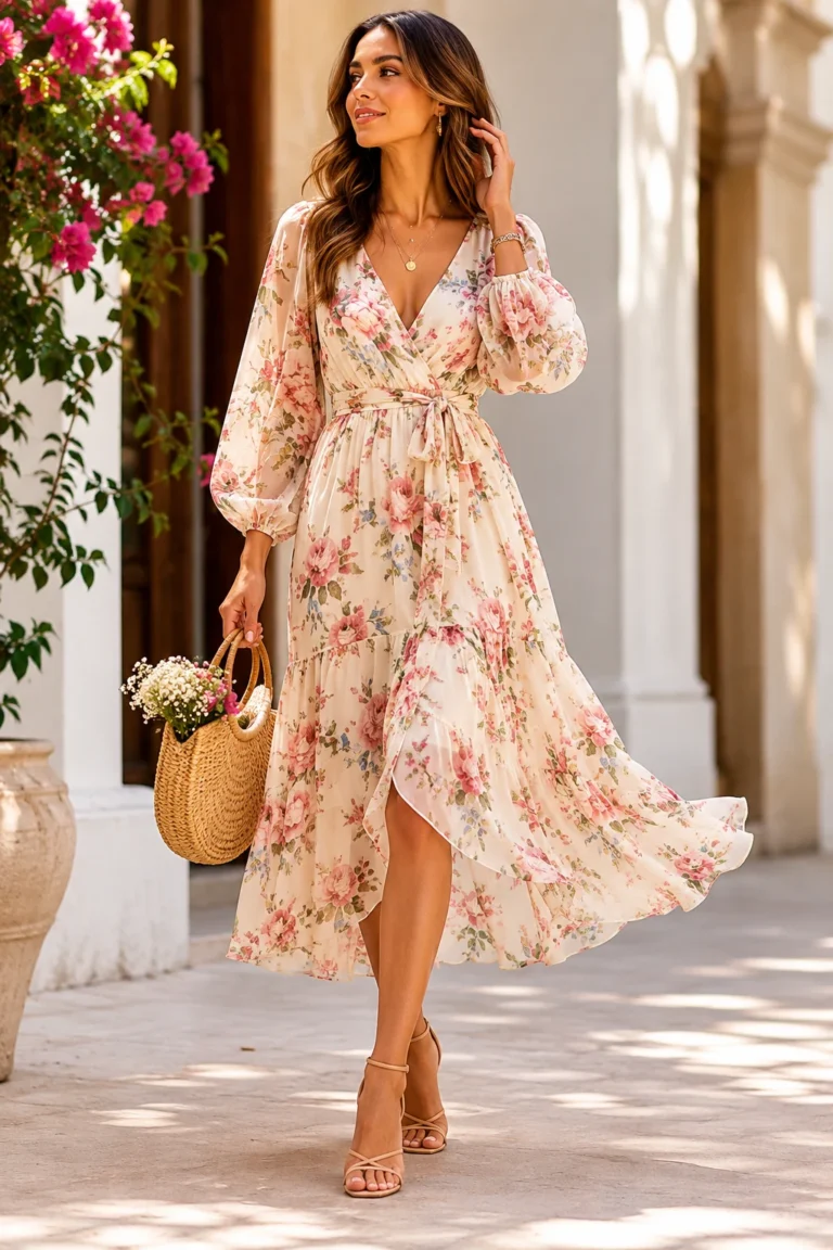 Women floral dresses Outfit 1 — women floral dresses style outfit, worn by a stylish woman
