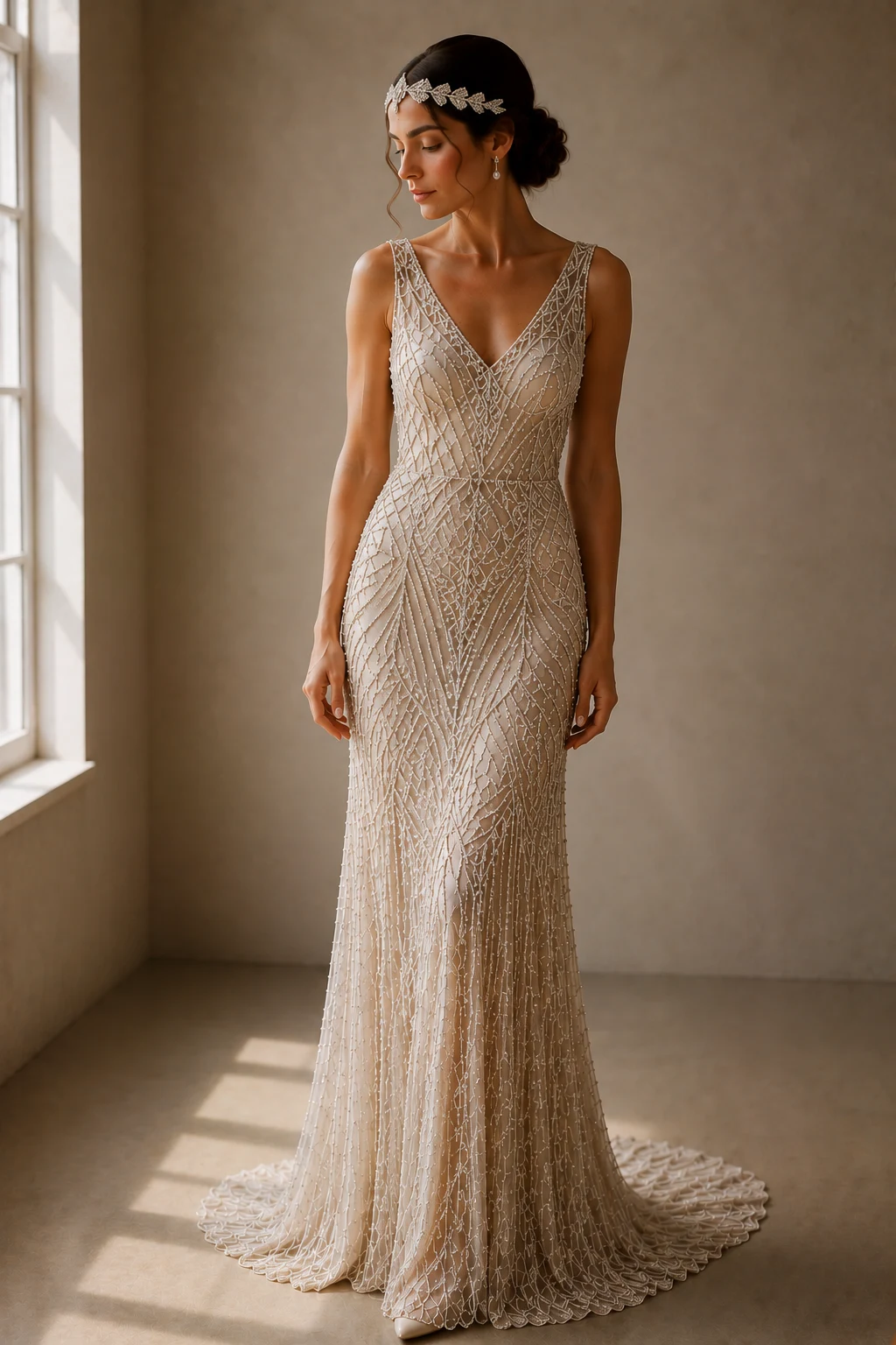The Crystal-Beaded Gatsby Dream — 1920s vintage wedding dresses style outfit, worn by a stylish woman