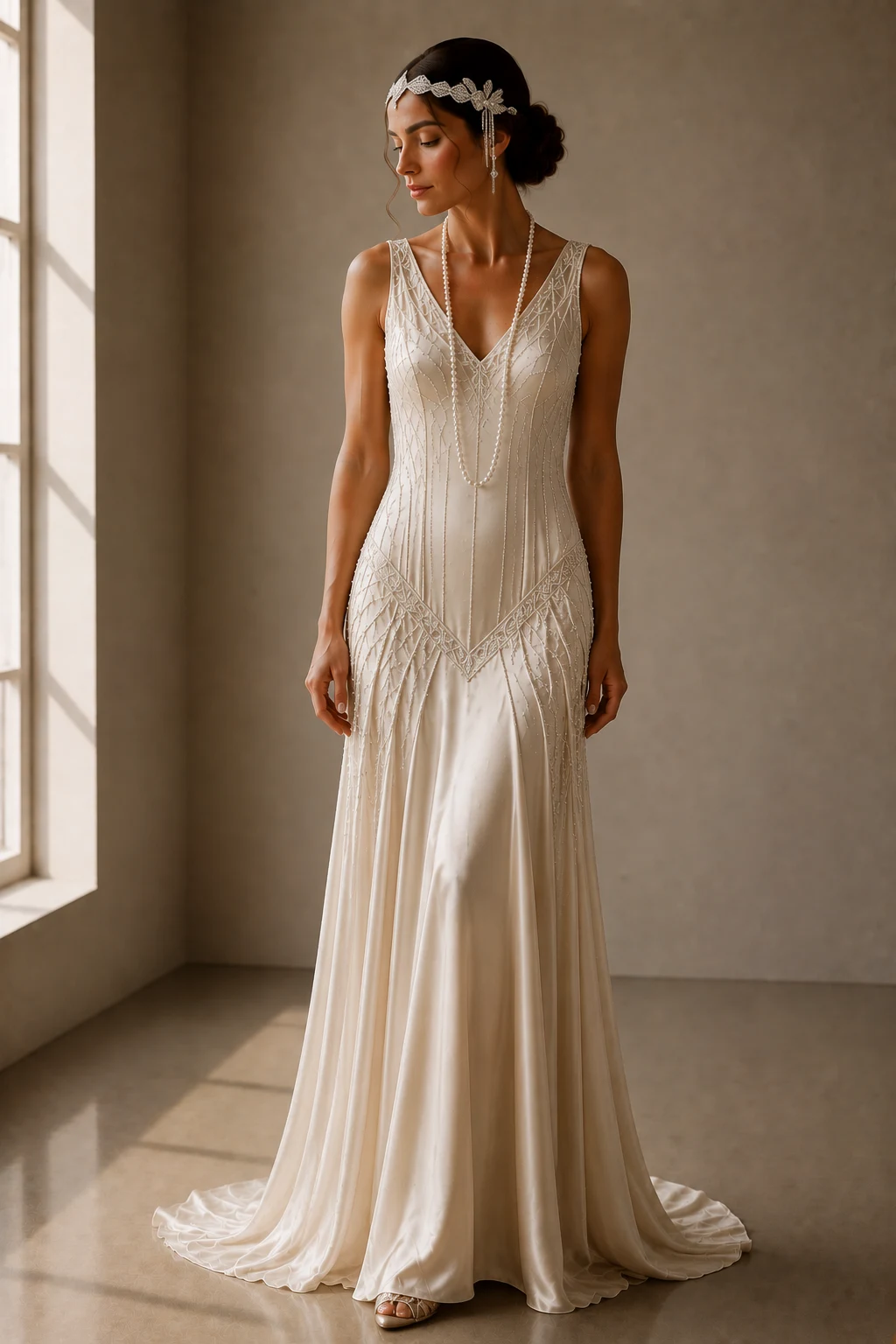 The Satin Drop-Waist Beauty — 1920s vintage wedding dresses style outfit, worn by a stylish woman
