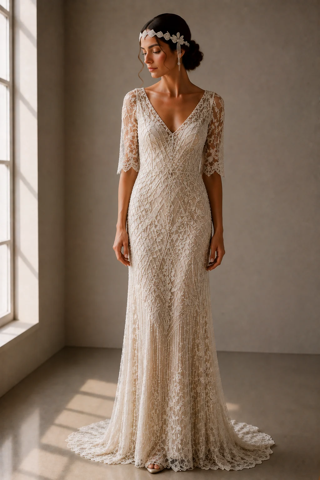 The Lace Flapper Romance — 1920s vintage wedding dresses style outfit, worn by a stylish woman