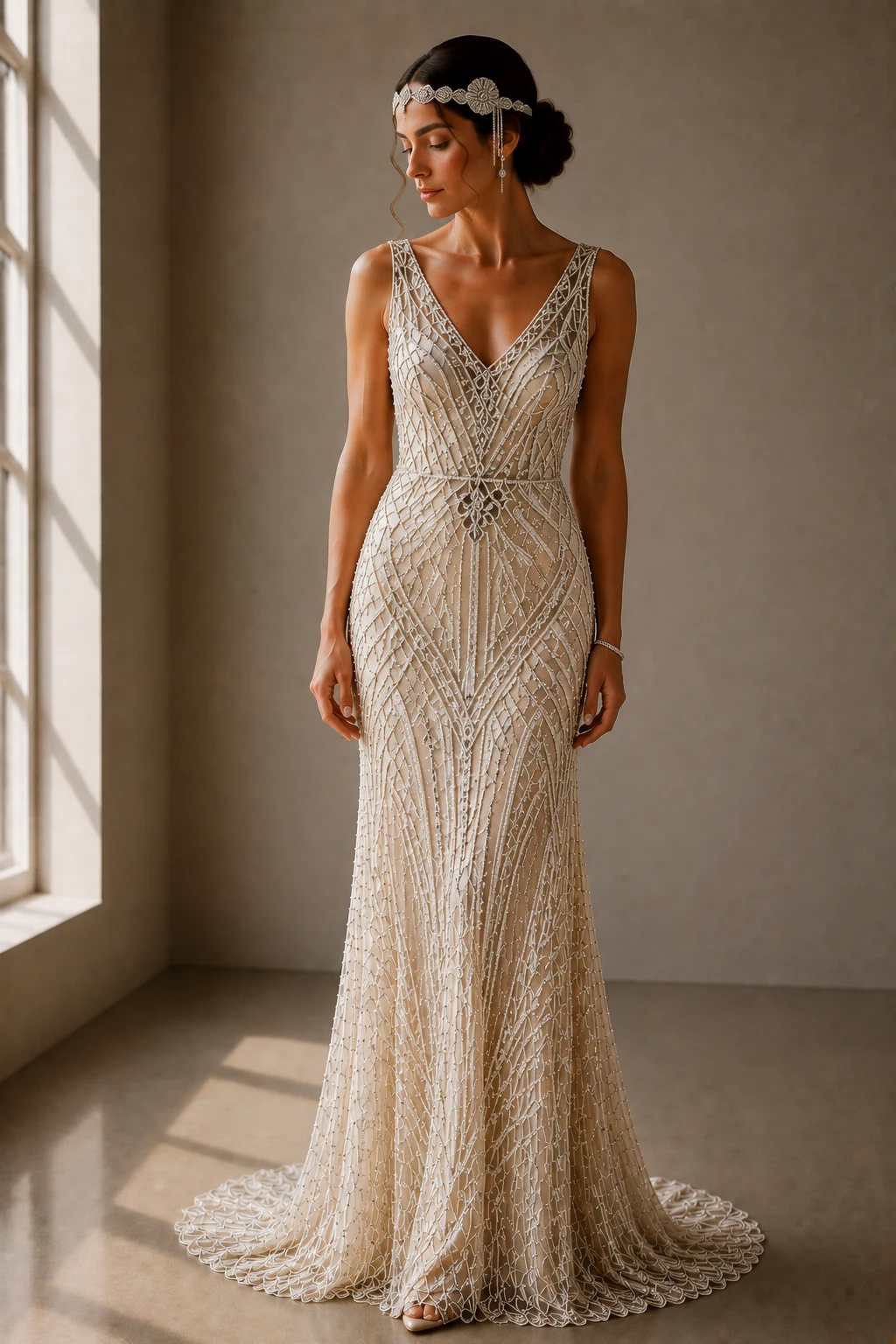 The Art Deco Queen Statement Gown — 1920s vintage wedding dresses style outfit, worn by a stylish woman