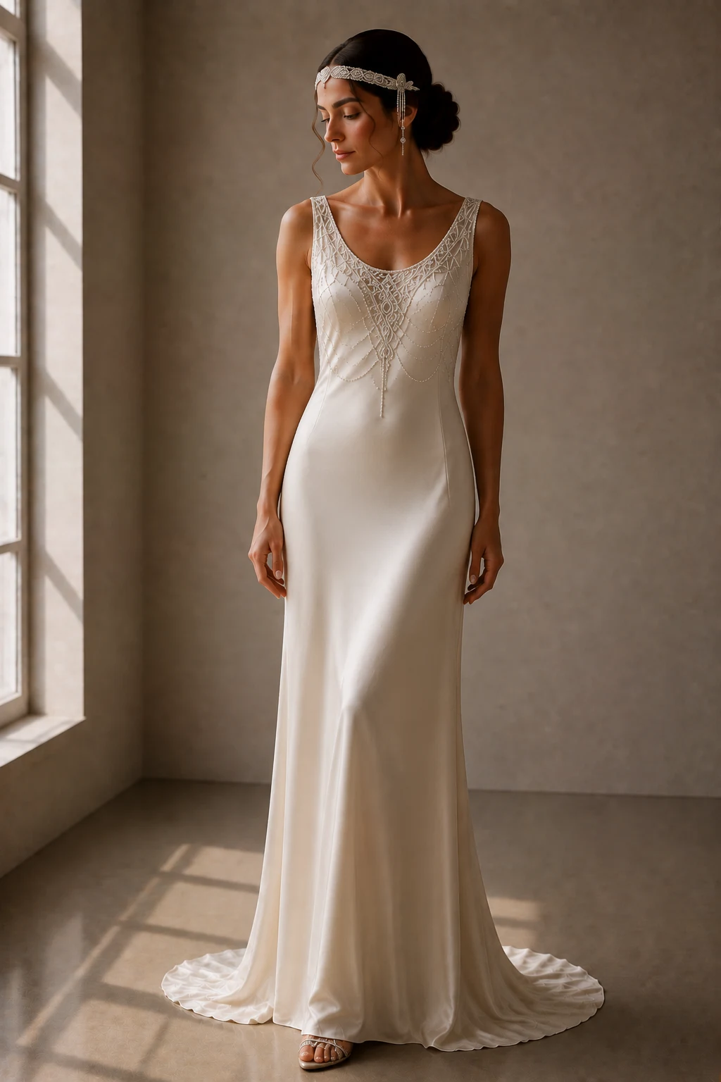 The Ivory Silk Column Classic — 1920s vintage wedding dresses style outfit, worn by a stylish woman