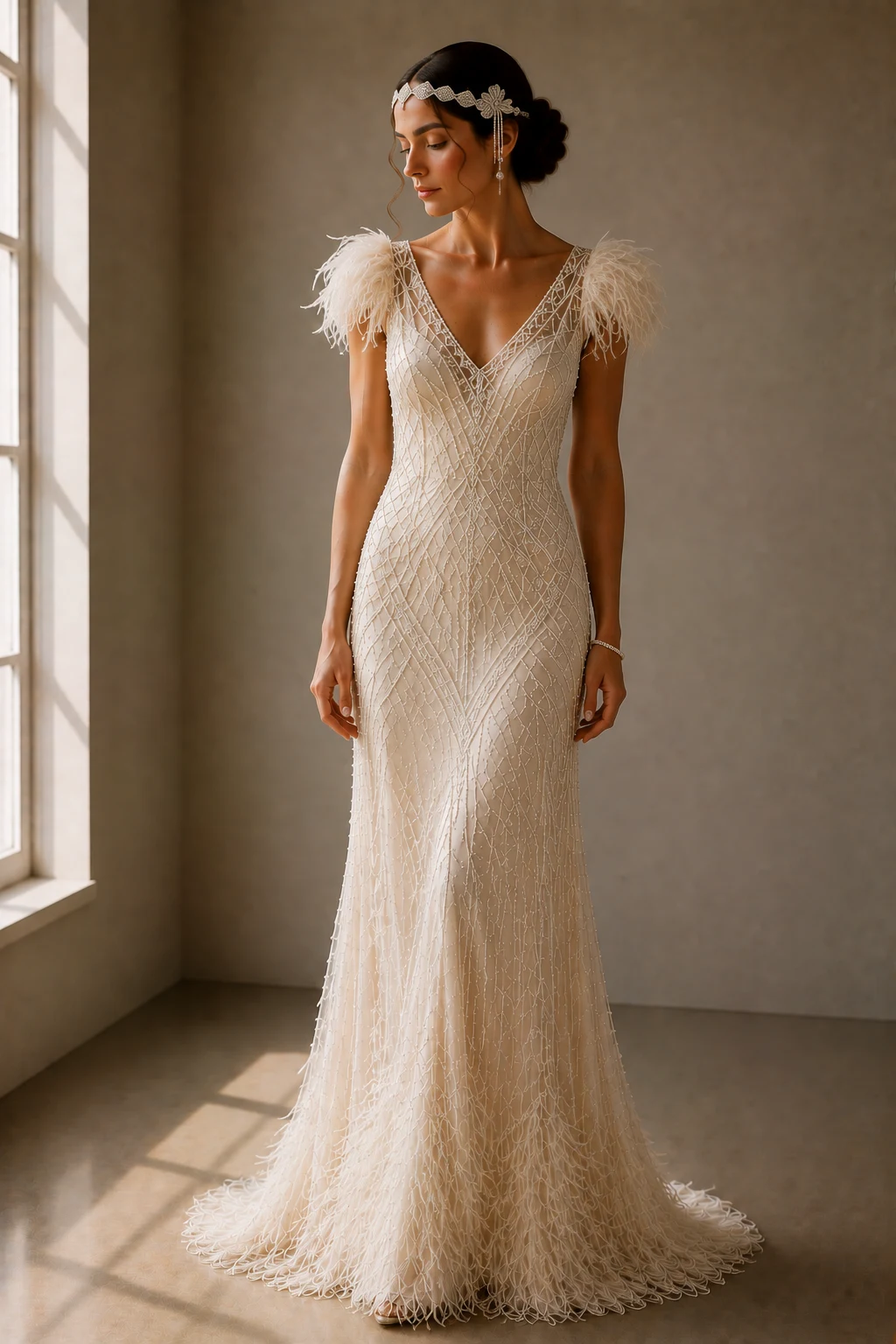 The Feather-Trimmed Glamour Moment — 1920s vintage wedding dresses style outfit, worn by a stylish woman