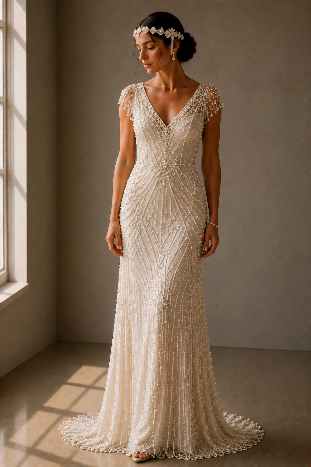 The Pearl-Encrusted Bridal Masterpiece — 1920s vintage wedding dresses style outfit, worn by a stylish woman