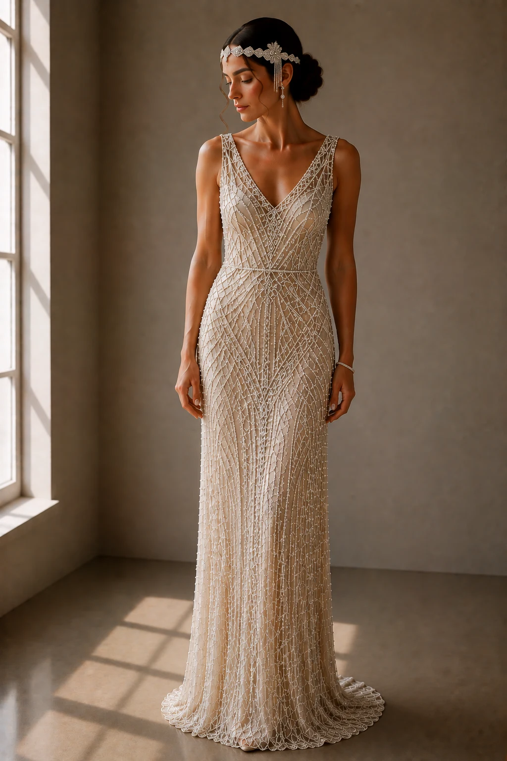 The Crystal Gatsby Goddess — 1920s vintage wedding gowns style outfit, worn by a stylish woman