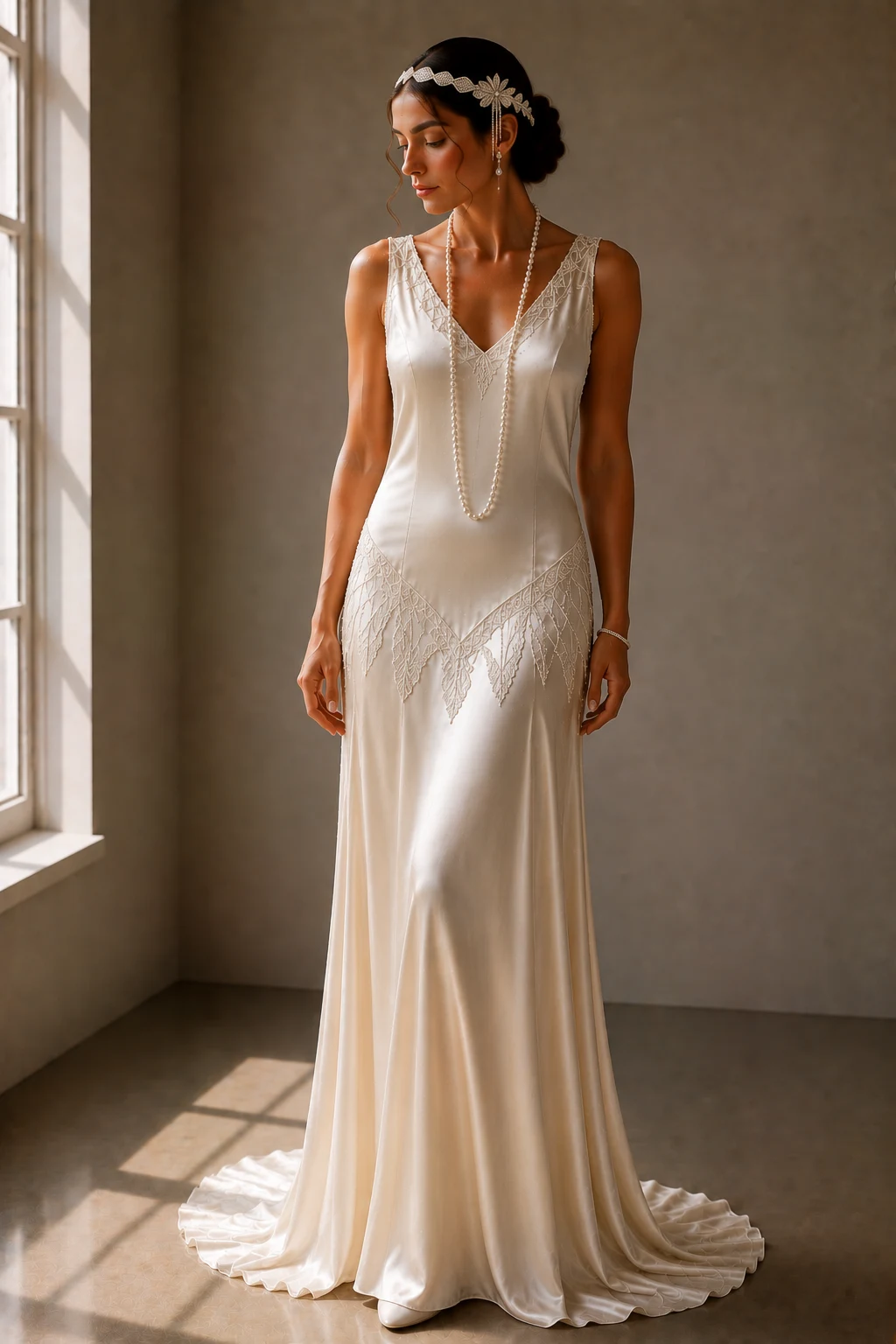 The Satin Drop-Waist Darling — 1920s vintage wedding gowns style outfit, worn by a stylish woman
