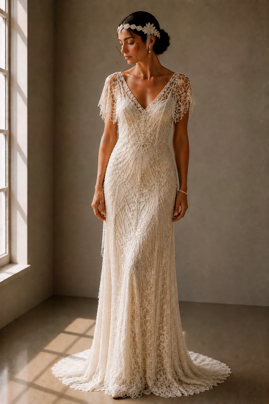 The Lace Flapper Fantasy — 1920s vintage wedding gowns style outfit, worn by a stylish woman