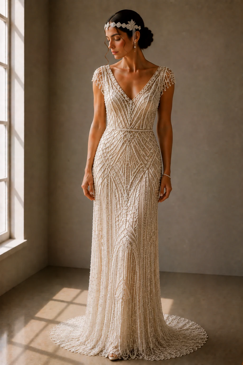 The Art Deco Queen — 1920s vintage wedding gowns style outfit, worn by a stylish woman