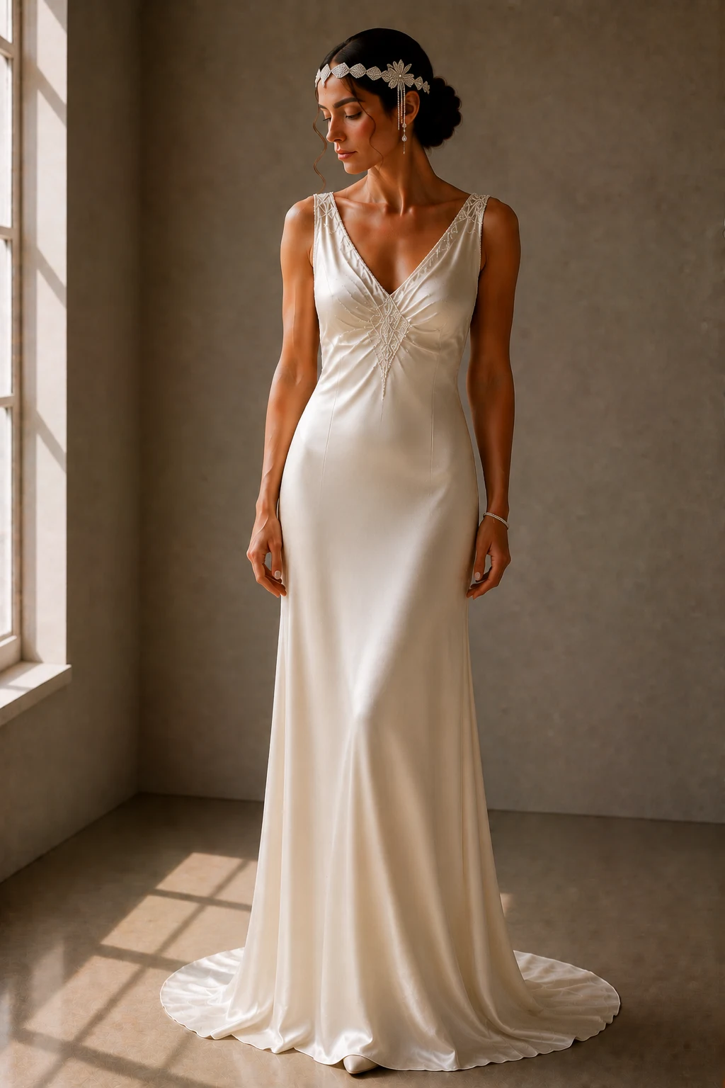 The Ivory Silk Column Dream — 1920s vintage wedding gowns style outfit, worn by a stylish woman