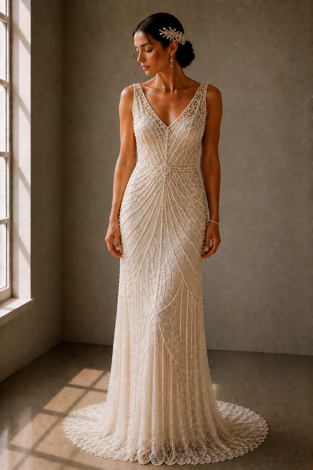 The Pearl-Encrusted Bridal Masterpiece — 1920s vintage wedding gowns style outfit, worn by a stylish woman