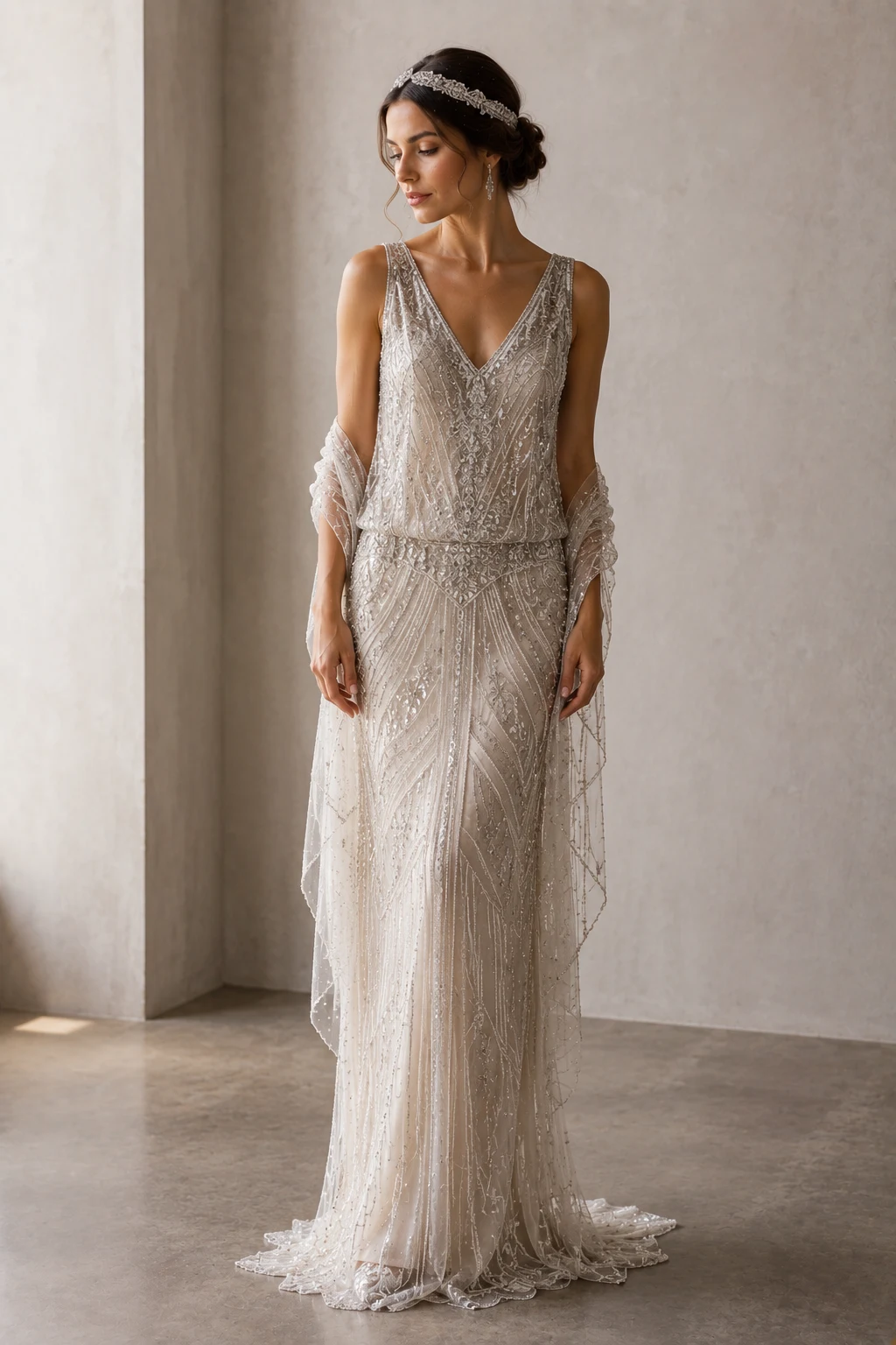 The Great Gatsby Beaded Masterpiece — 1920s wedding dress style outfit, worn by a stylish woman