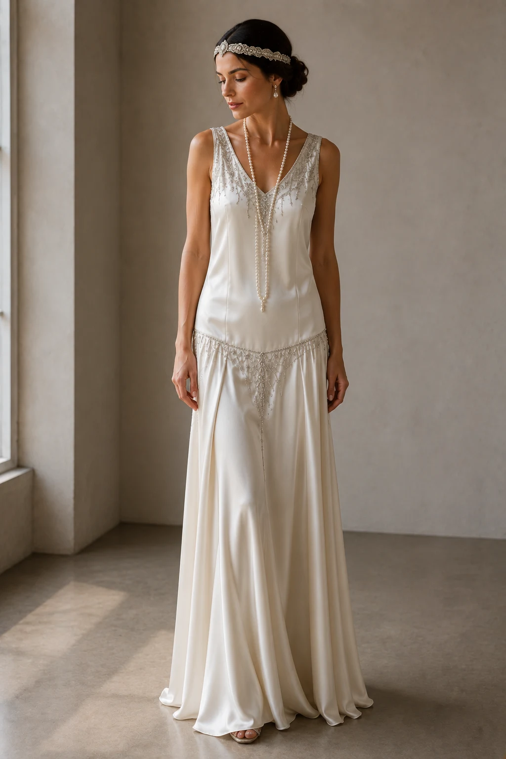 The Satin Drop-Waist Dream — 1920s wedding dress style outfit, worn by a stylish woman