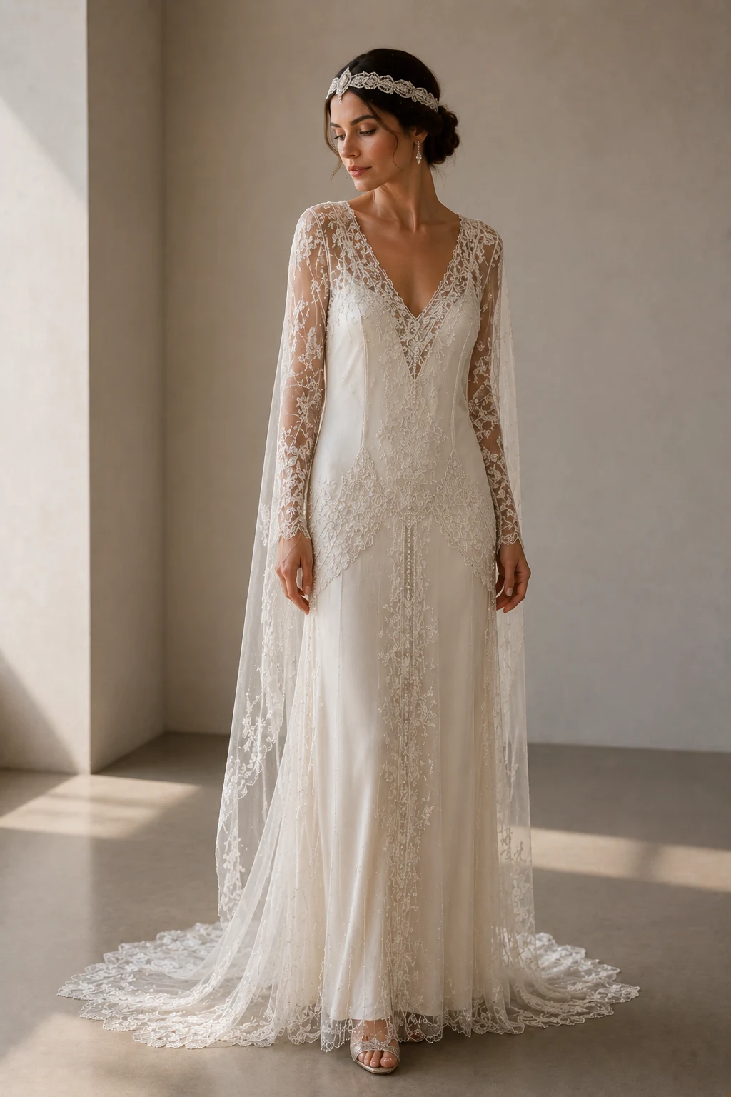 The Lace Flapper Romance — 1920s wedding dress style outfit, worn by a stylish woman