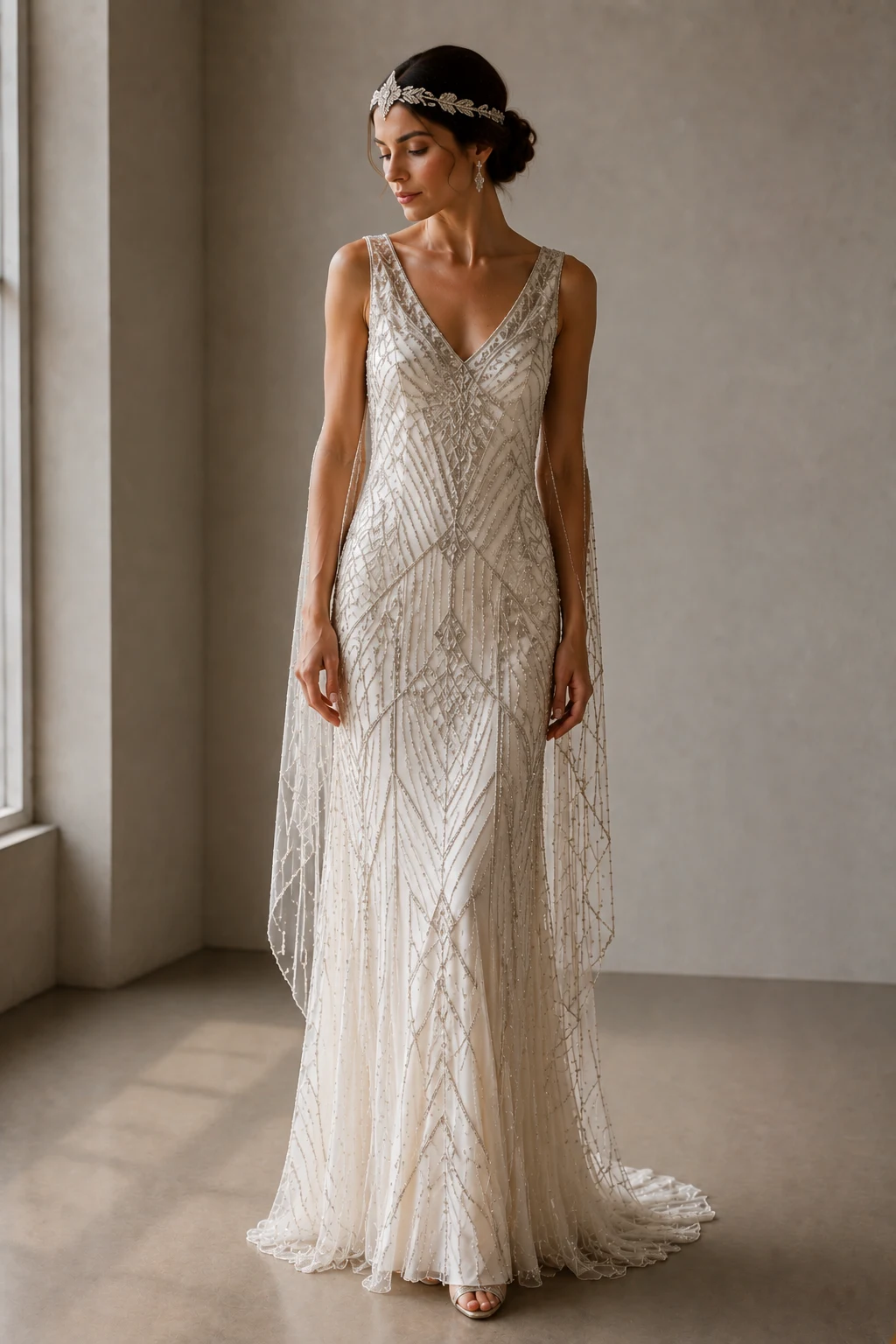 The Art Deco Queen Statement Gown — 1920s wedding dress style outfit, worn by a stylish woman