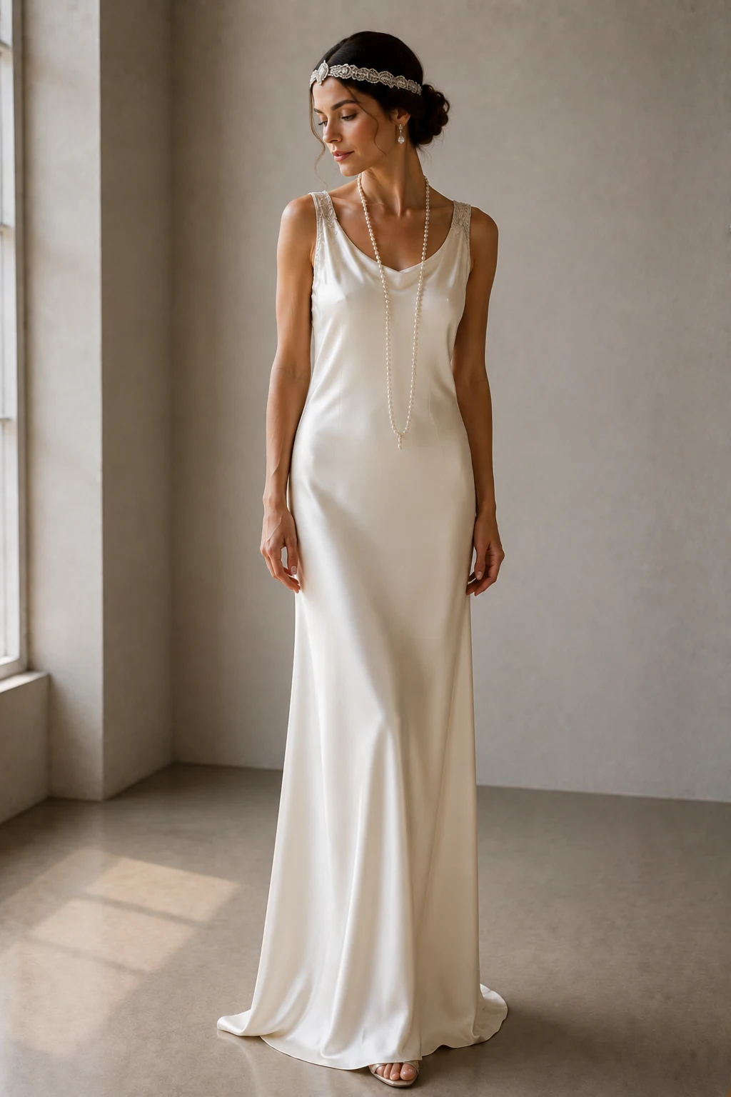 The Ivory Silk Column Dress — 1920s wedding dress style outfit, worn by a stylish woman