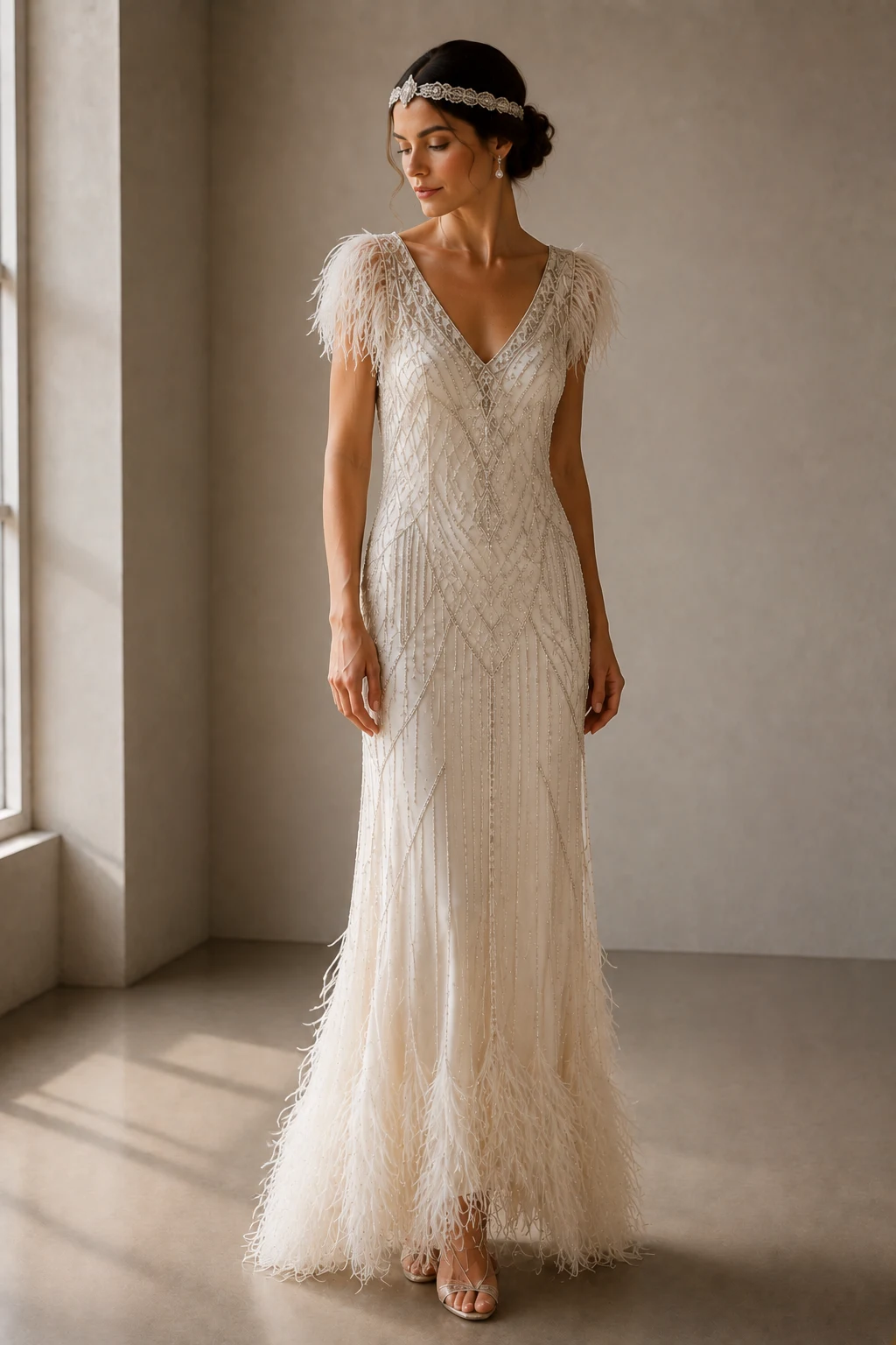 The Feather-Trimmed Glamour Look — 1920s wedding dress style outfit, worn by a stylish woman