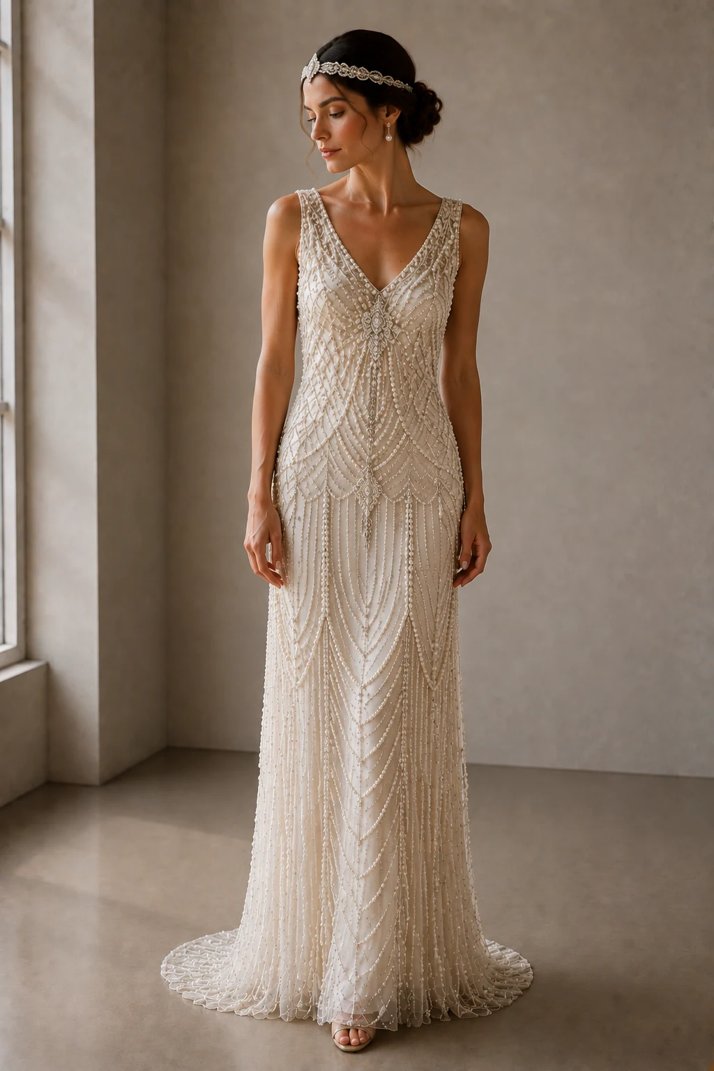 The Pearl-Encrusted Vintage Showstopper — 1920s wedding dress style outfit, worn by a stylish woman