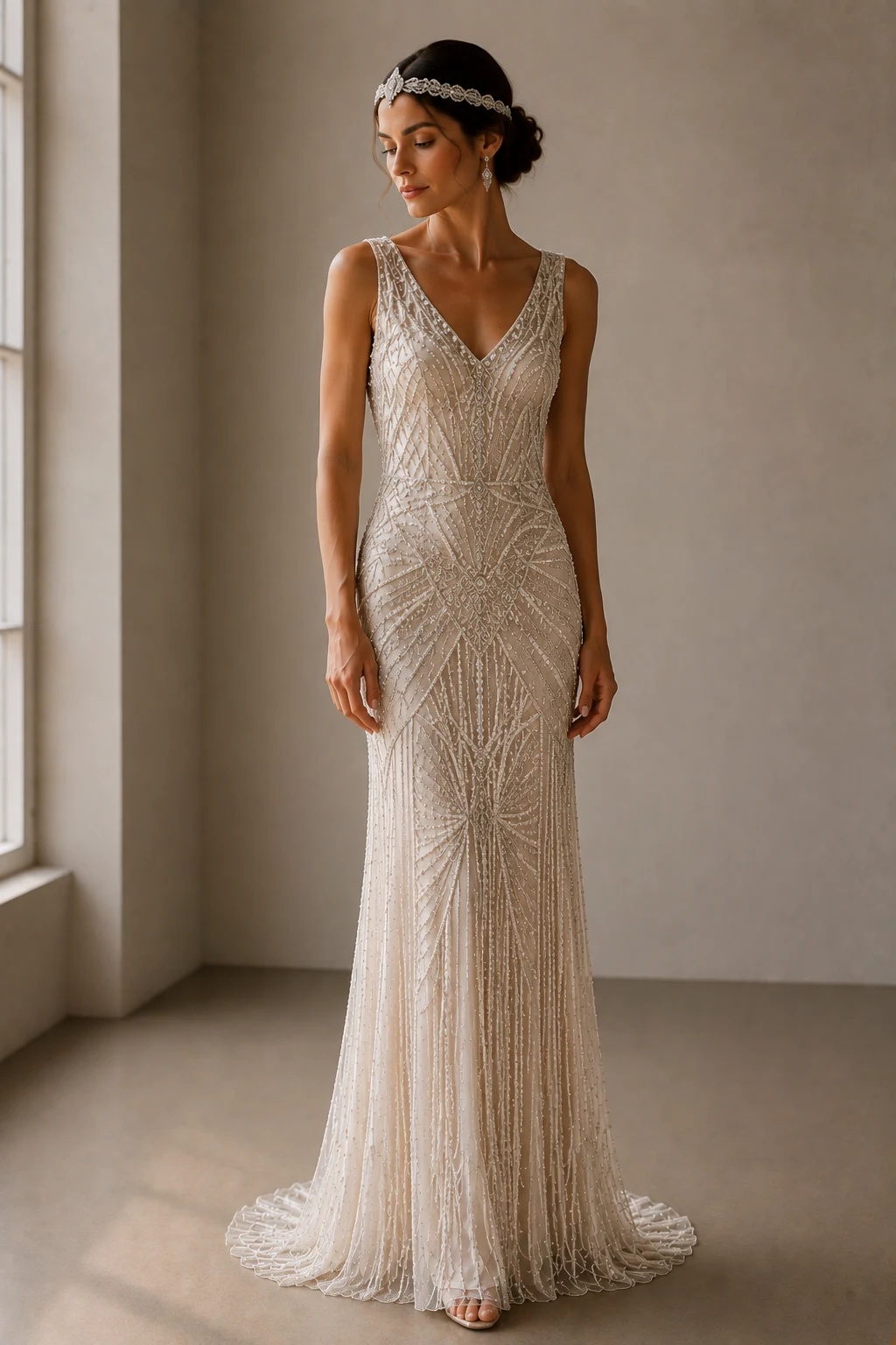 The Crystal-Beaded Gatsby Showstopper — 20s wedding gown style outfit, worn by a stylish woman