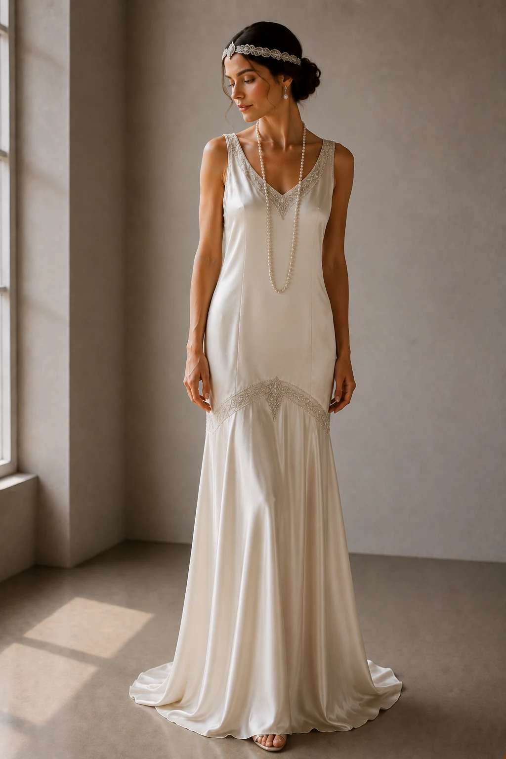 The Satin Drop-Waist Beauty — 20s wedding gown style outfit, worn by a stylish woman
