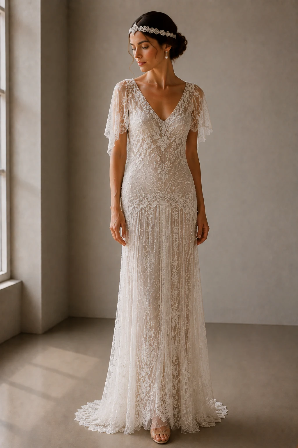 The Romantic Lace Dream — 20s wedding gown style outfit, worn by a stylish woman