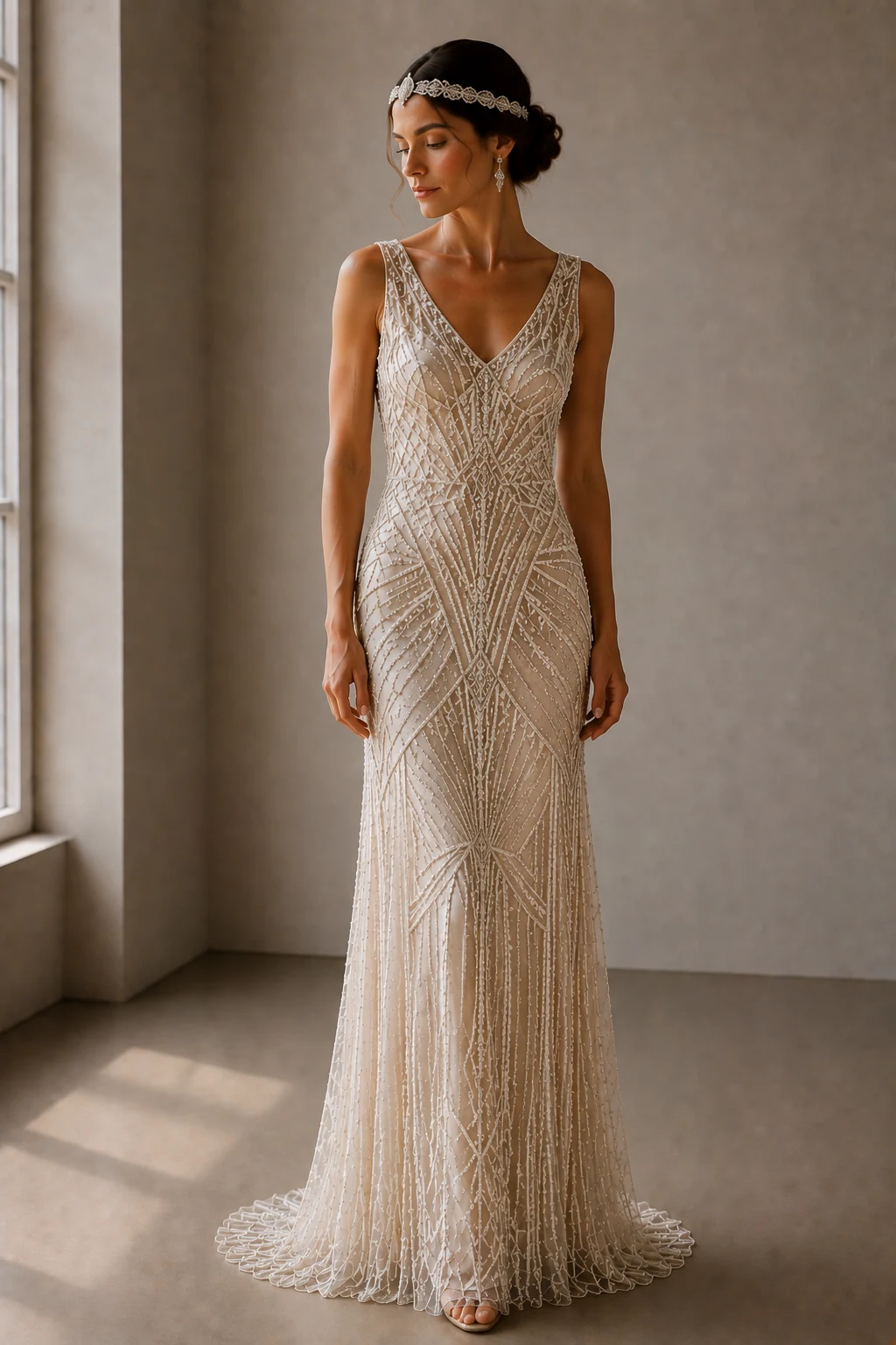 The Art Deco Queen Gown — 20s wedding gown style outfit, worn by a stylish woman