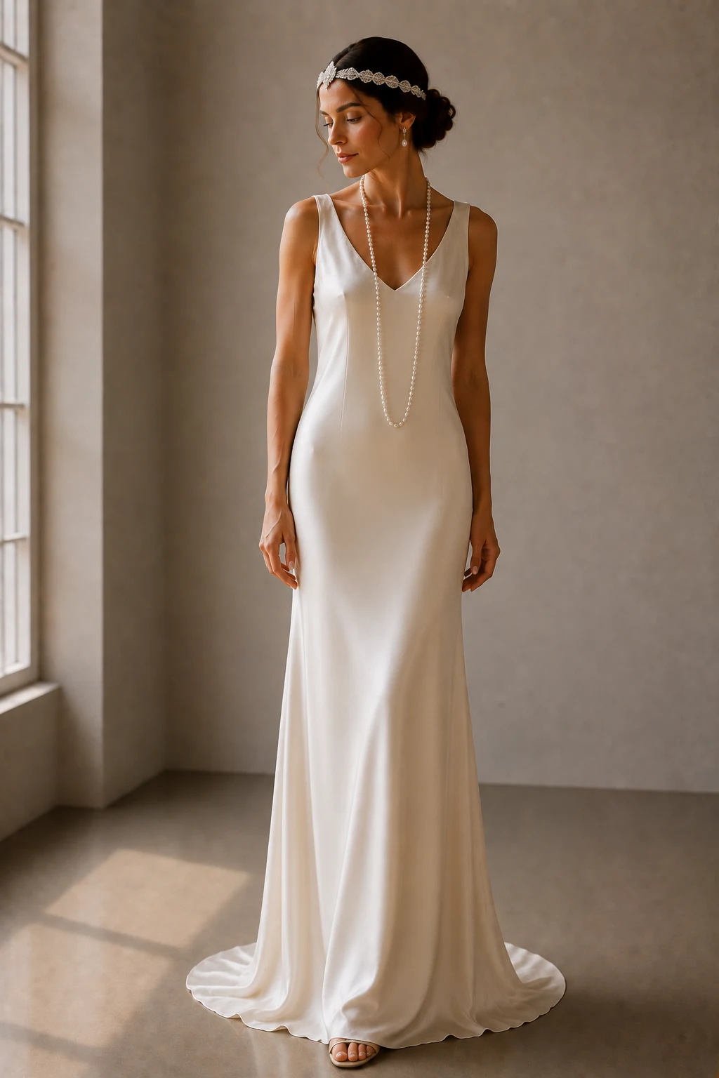 The Ivory Silk Column Classic — 20s wedding gown style outfit, worn by a stylish woman