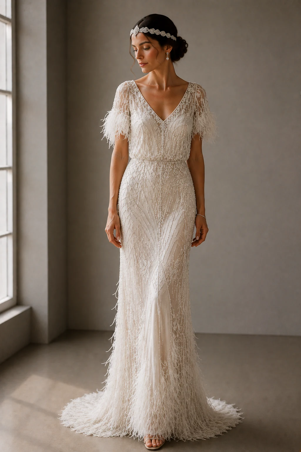 The Feather-Trimmed Glamour Moment — 20s wedding gown style outfit, worn by a stylish woman