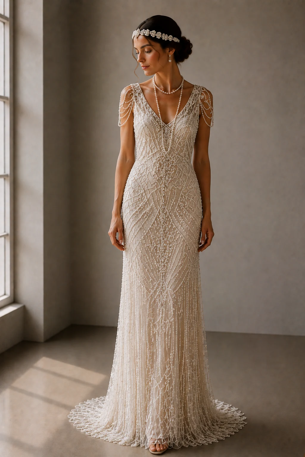 The Pearl-Encrusted Vintage Masterpiece — 20s wedding gown style outfit, worn by a stylish woman