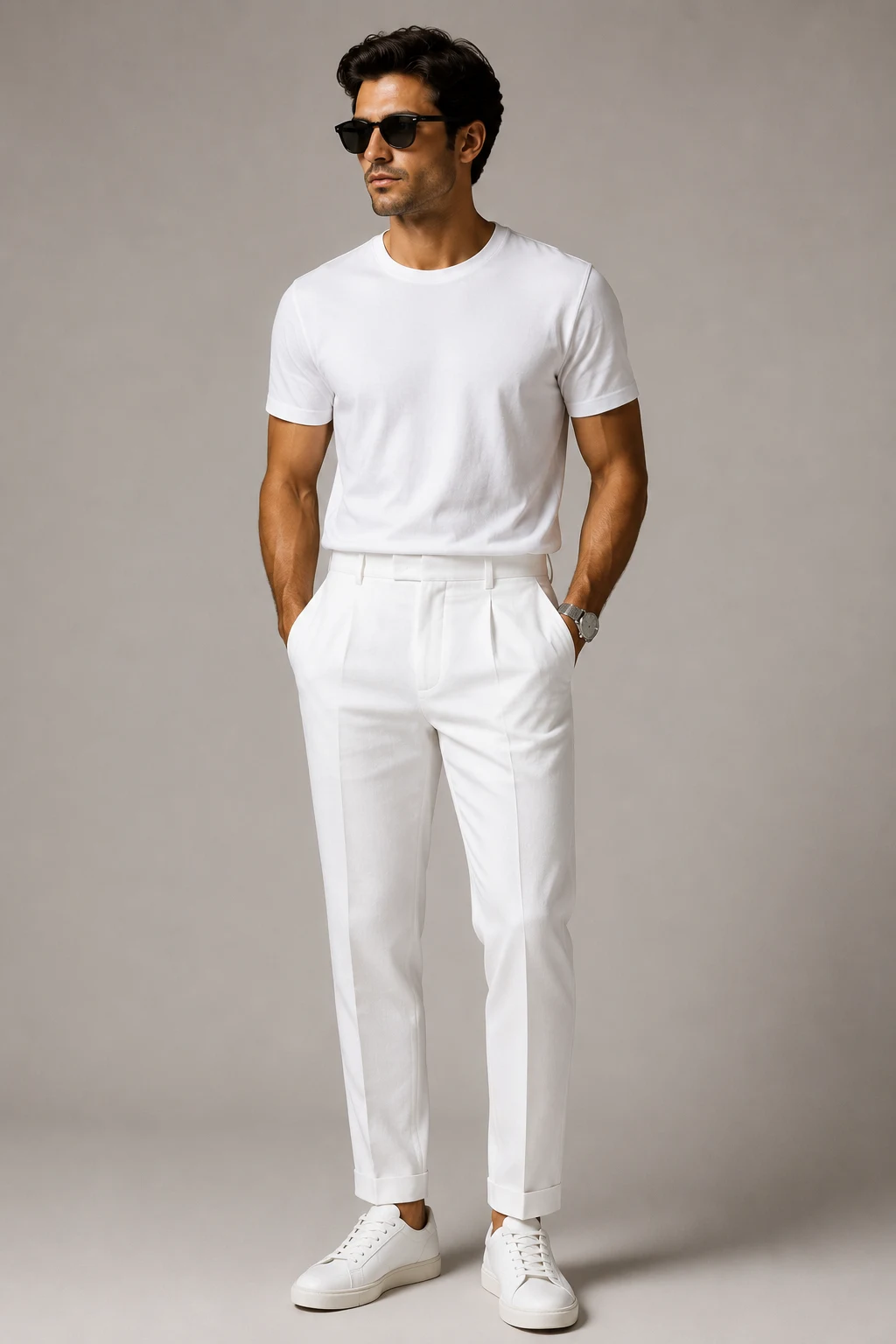 The Clean White Tee & Tailored Trouser Combo — all white outfit men style outfit, worn by a stylish man