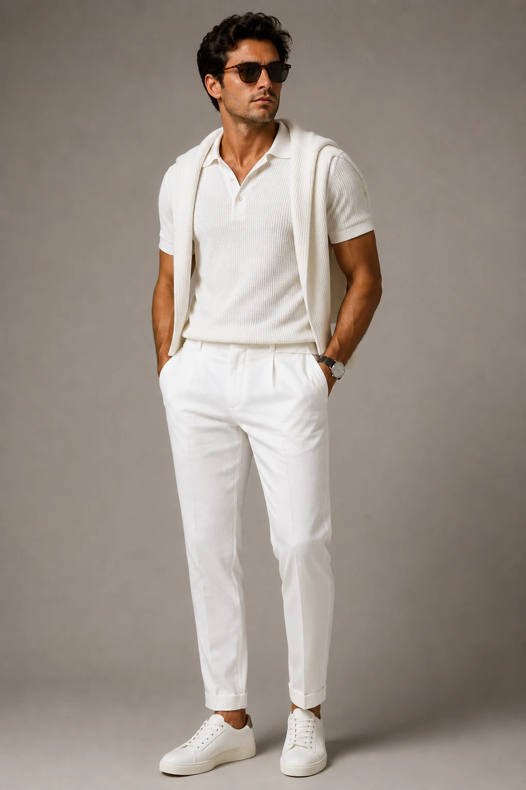 The Luxury Knit Weekend Uniform — all white outfit men style outfit, worn by a stylish man