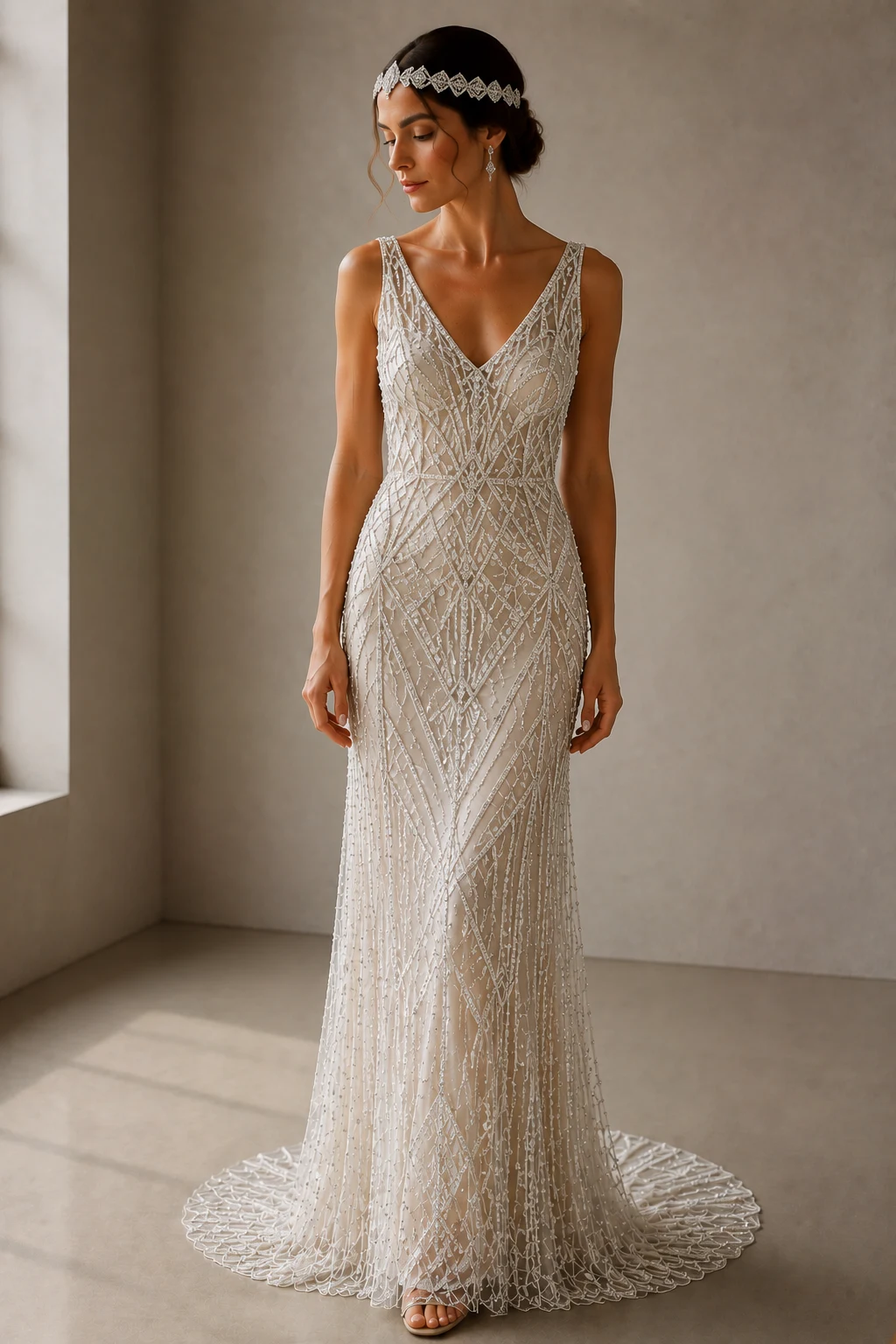 The Gatsby Crystal Showstopper — art deco wedding dress style outfit, worn by a stylish woman
