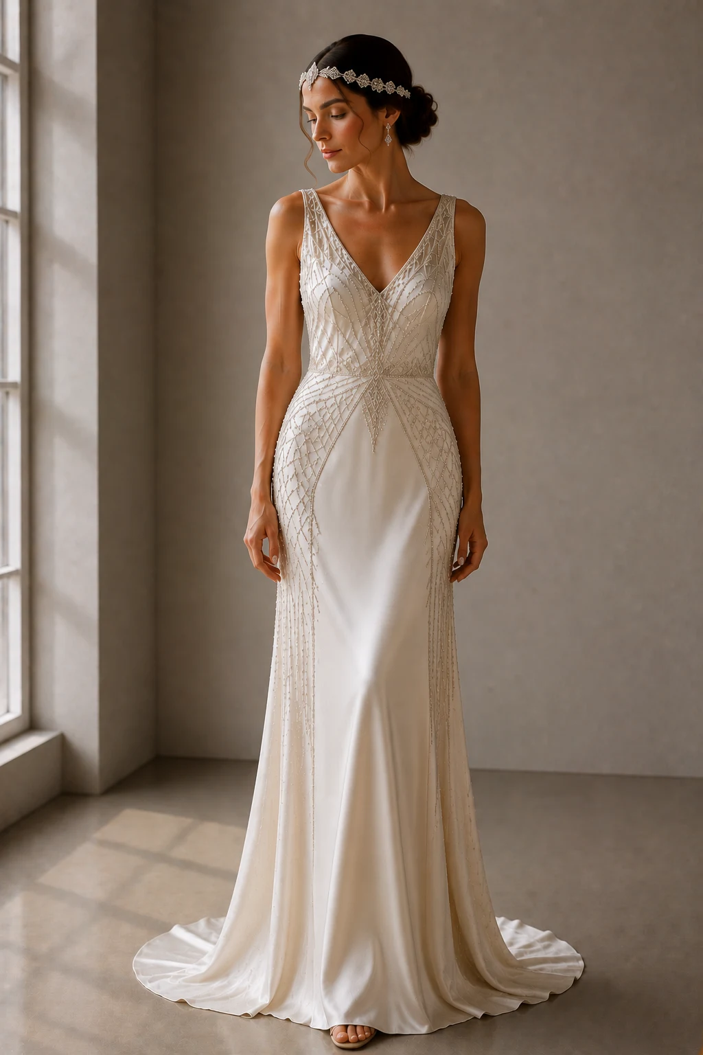 The Satin Art Deco Dream — art deco wedding dress style outfit, worn by a stylish woman