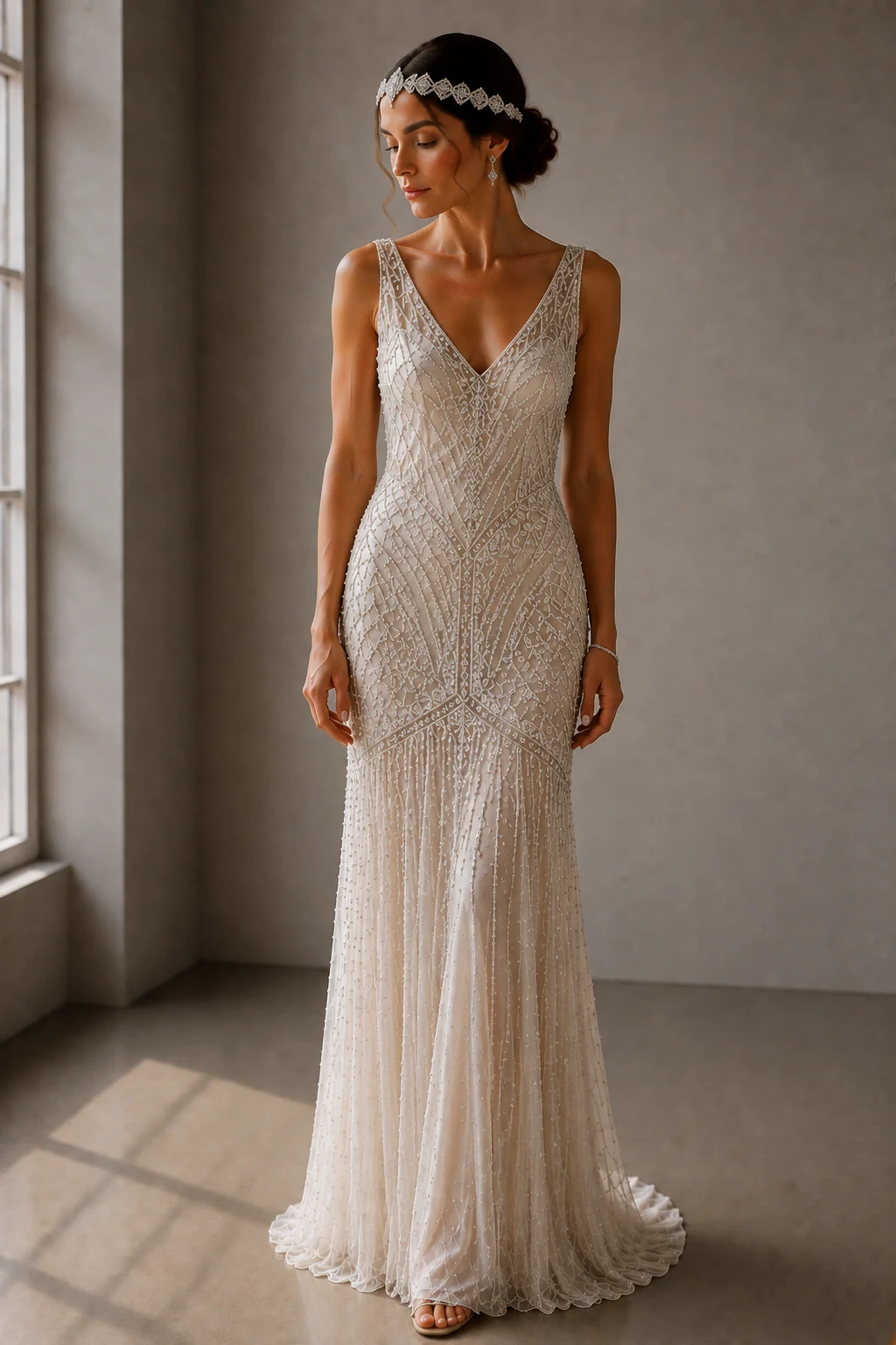 The Beaded Drop-Waist Beauty — art deco wedding dress style outfit, worn by a stylish woman