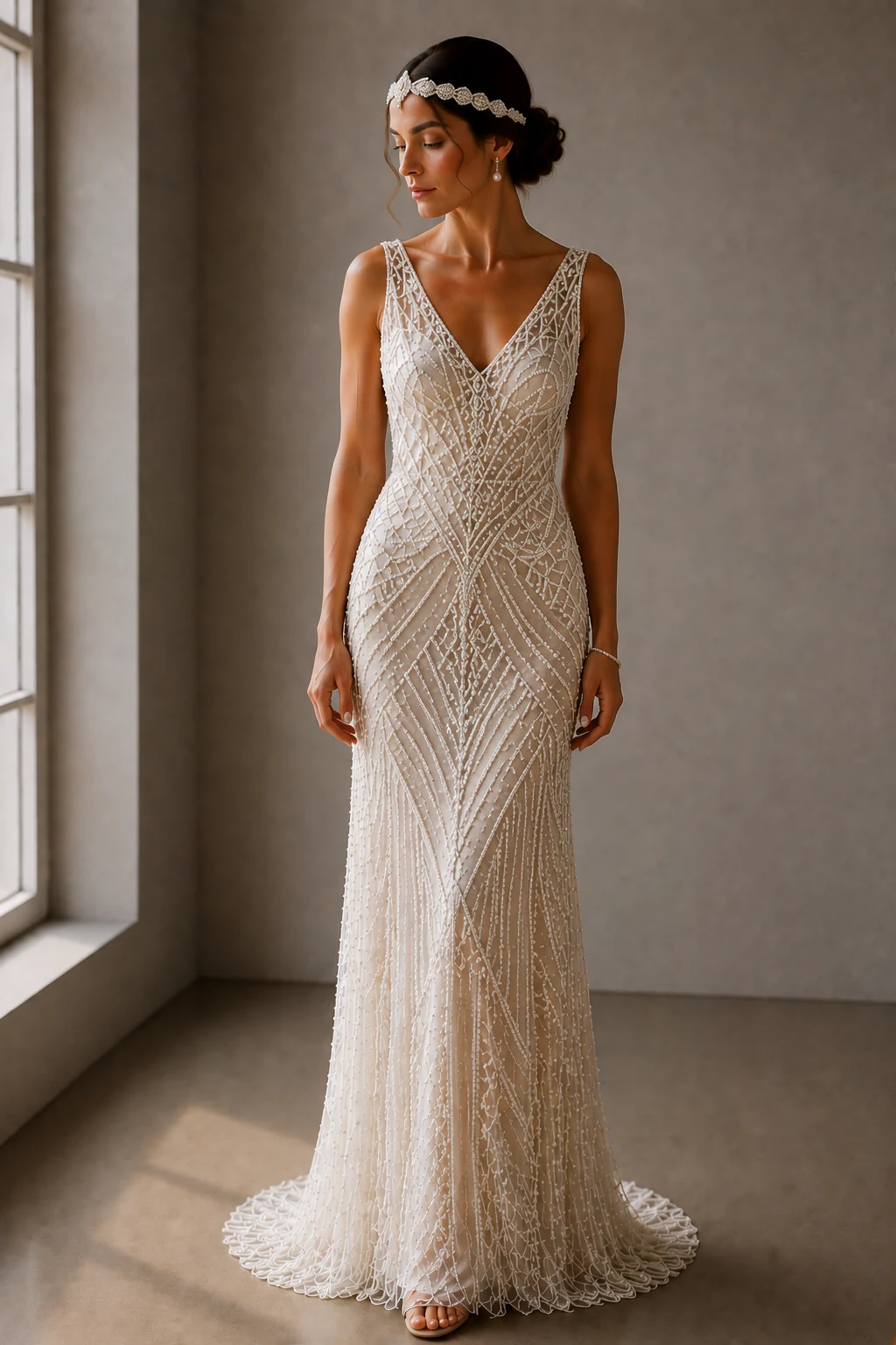The Pearl-Encrusted Masterpiece — art deco wedding dress style outfit, worn by a stylish woman