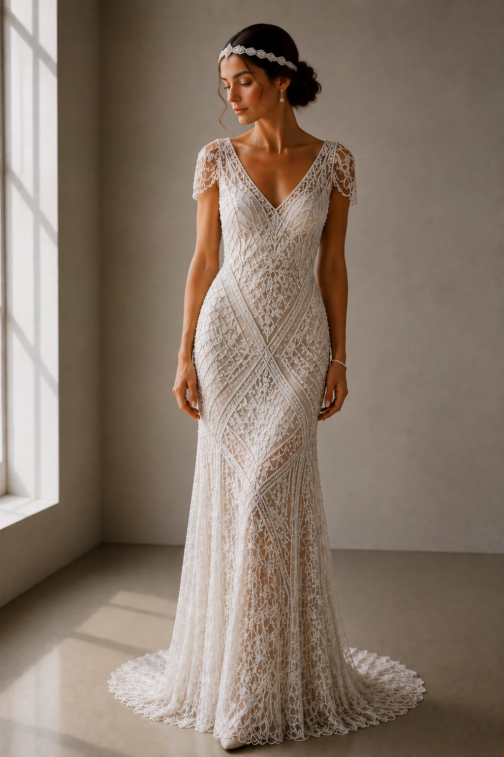 The Lace and Geometry Romance — art deco wedding dress style outfit, worn by a stylish woman