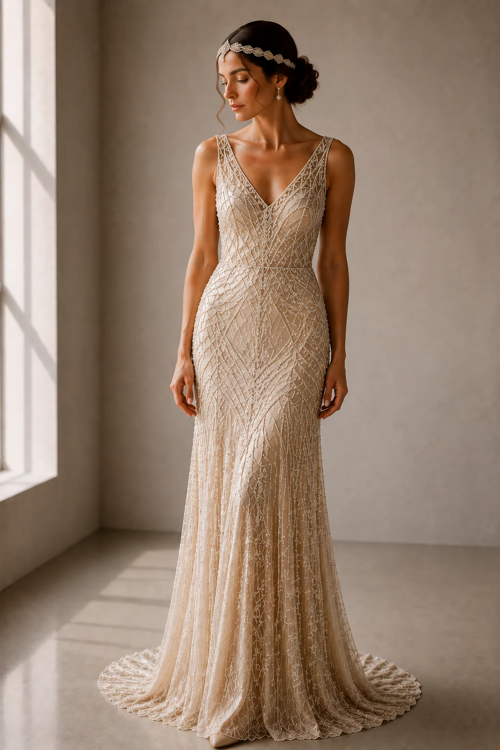 The Champagne Glamour Gown — art deco wedding dress style outfit, worn by a stylish woman