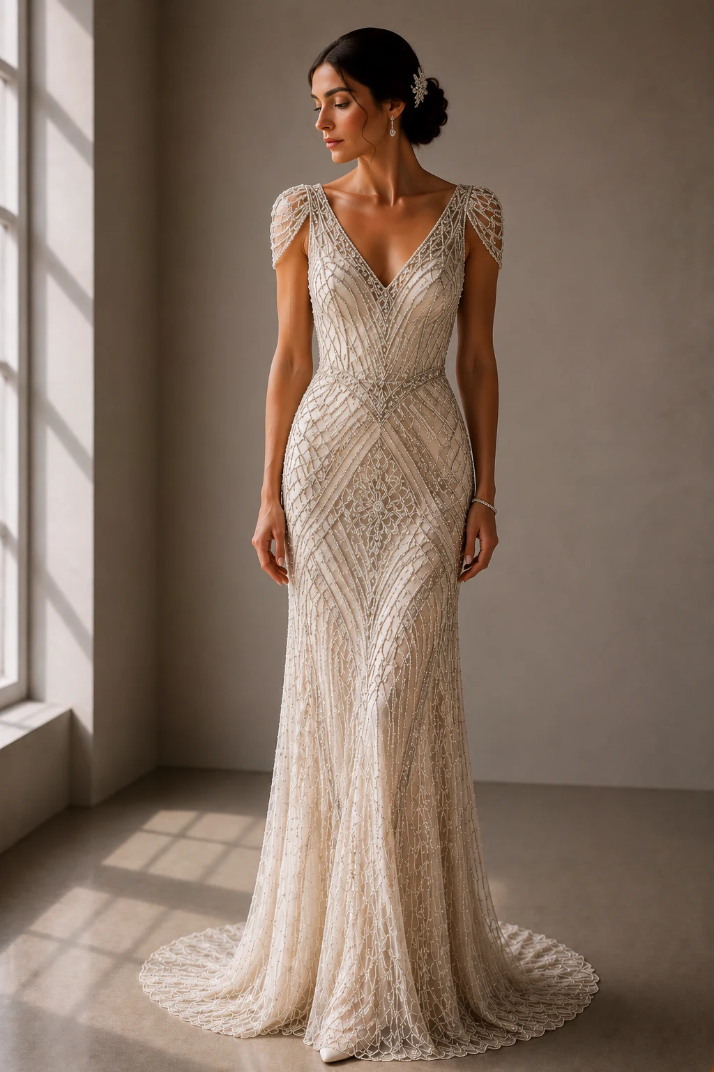 The Old Hollywood Statement Dress — art deco wedding dress style outfit, worn by a stylish woman
