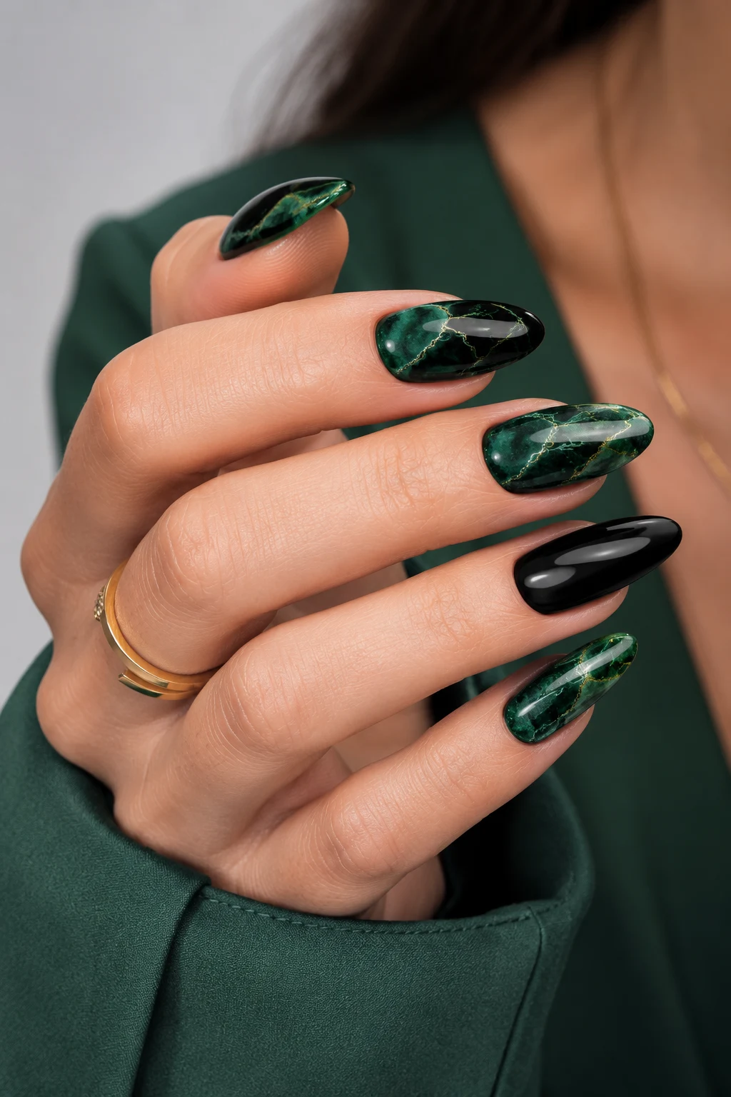 Emerald Marble Luxury — black and green nail ideas style outfit, worn by a stylish woman