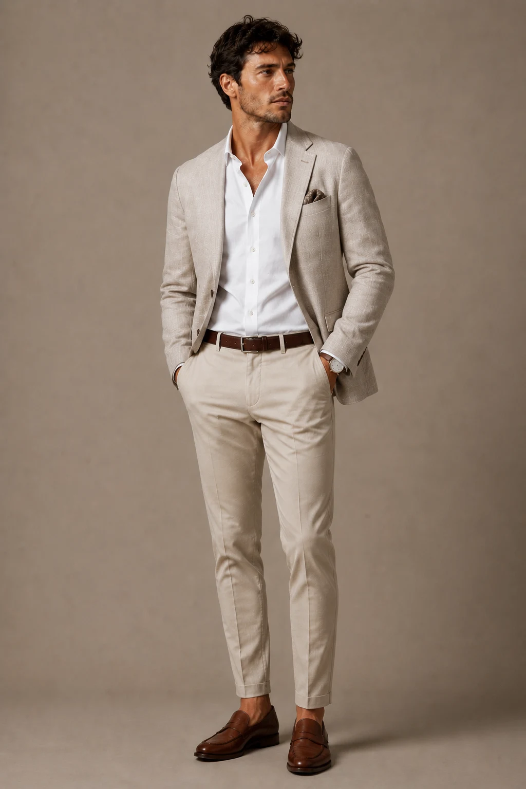 The Summer Wedding Open-Collar Winner — casual wedding men's outfit style outfit, worn by a stylish man