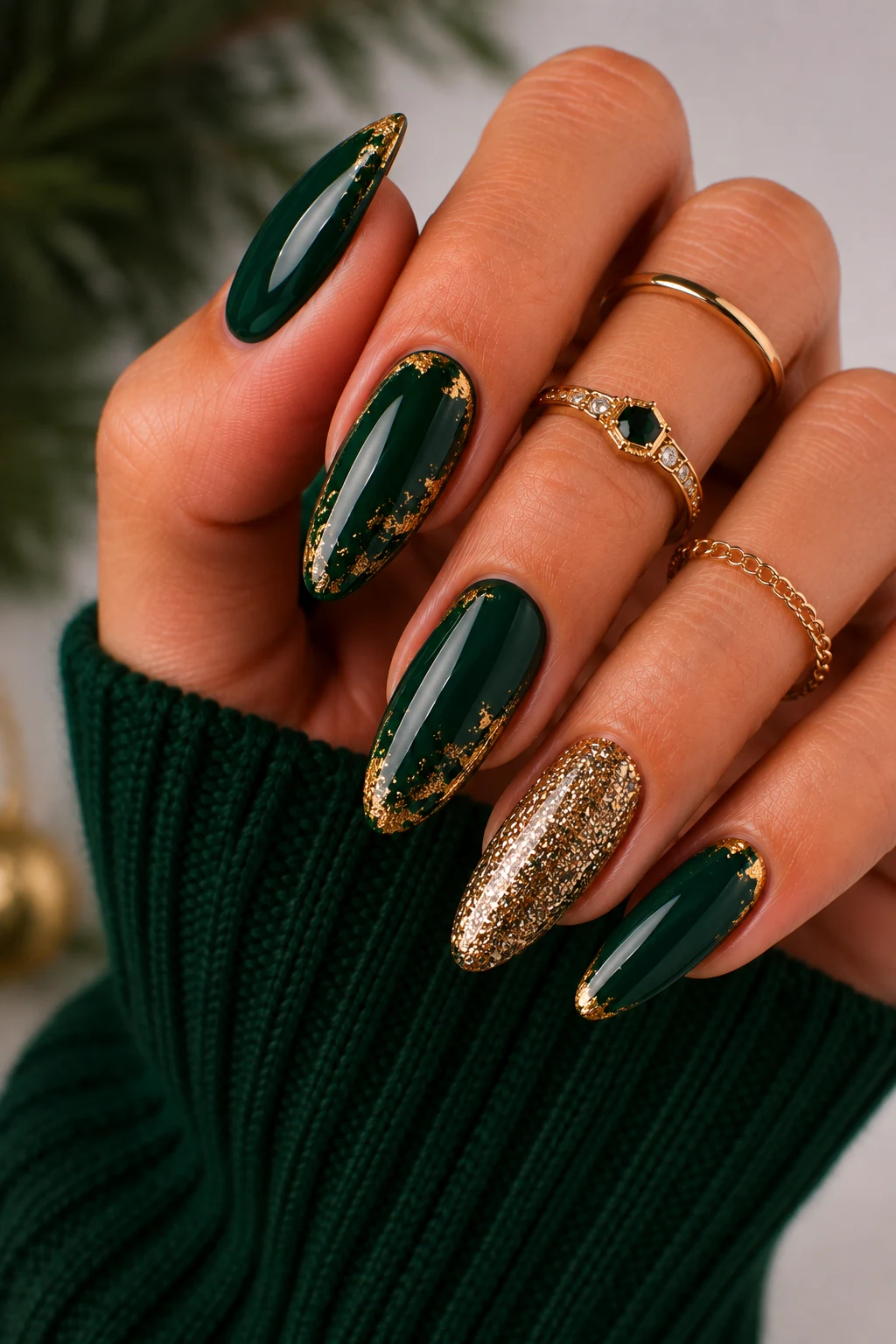 Emerald Christmas Glam — christmas nail ideas green style outfit, worn by a stylish woman