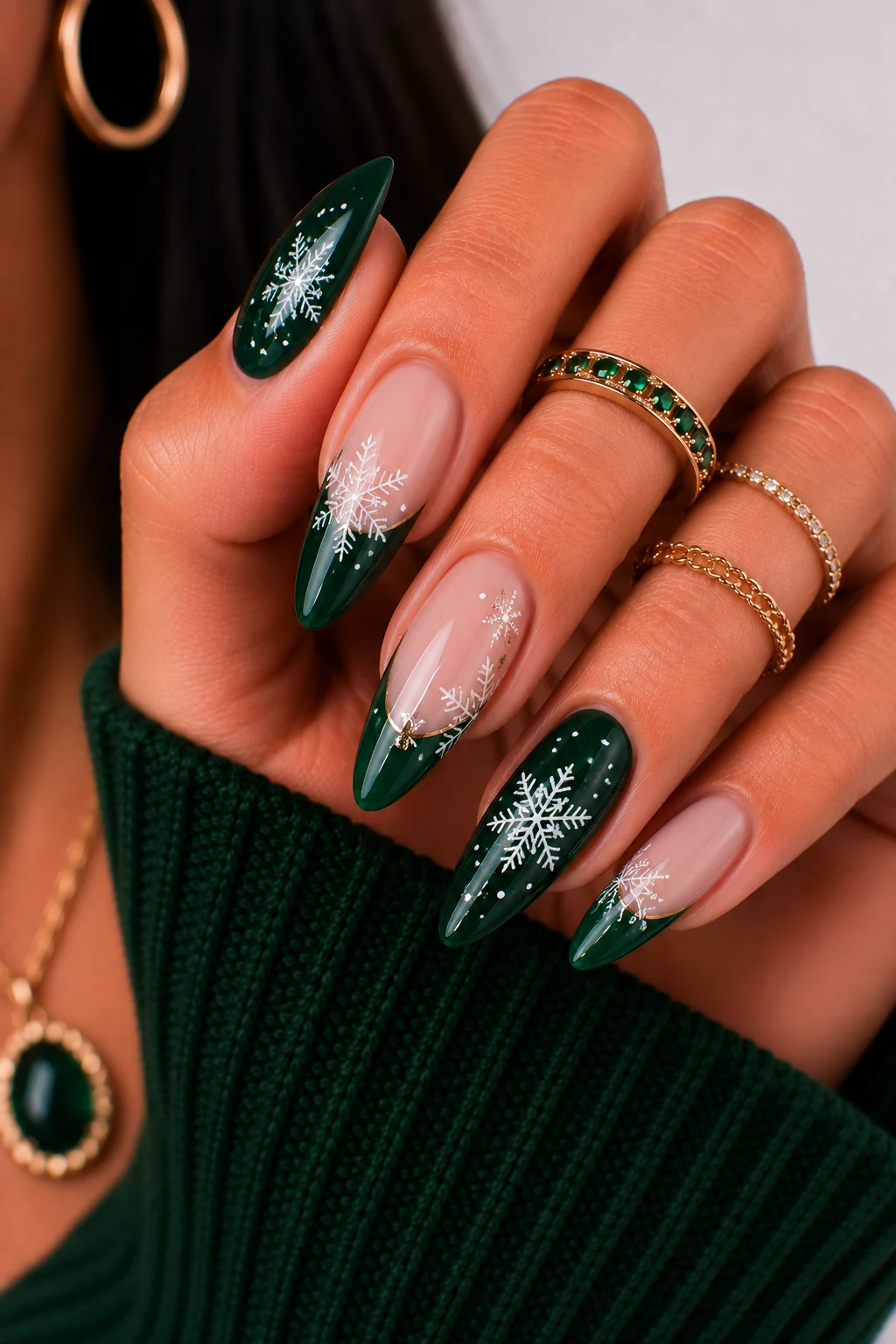 Christmas Nail Ideas Green with Snowflakes — christmas nail ideas green style outfit, worn by a stylish woman