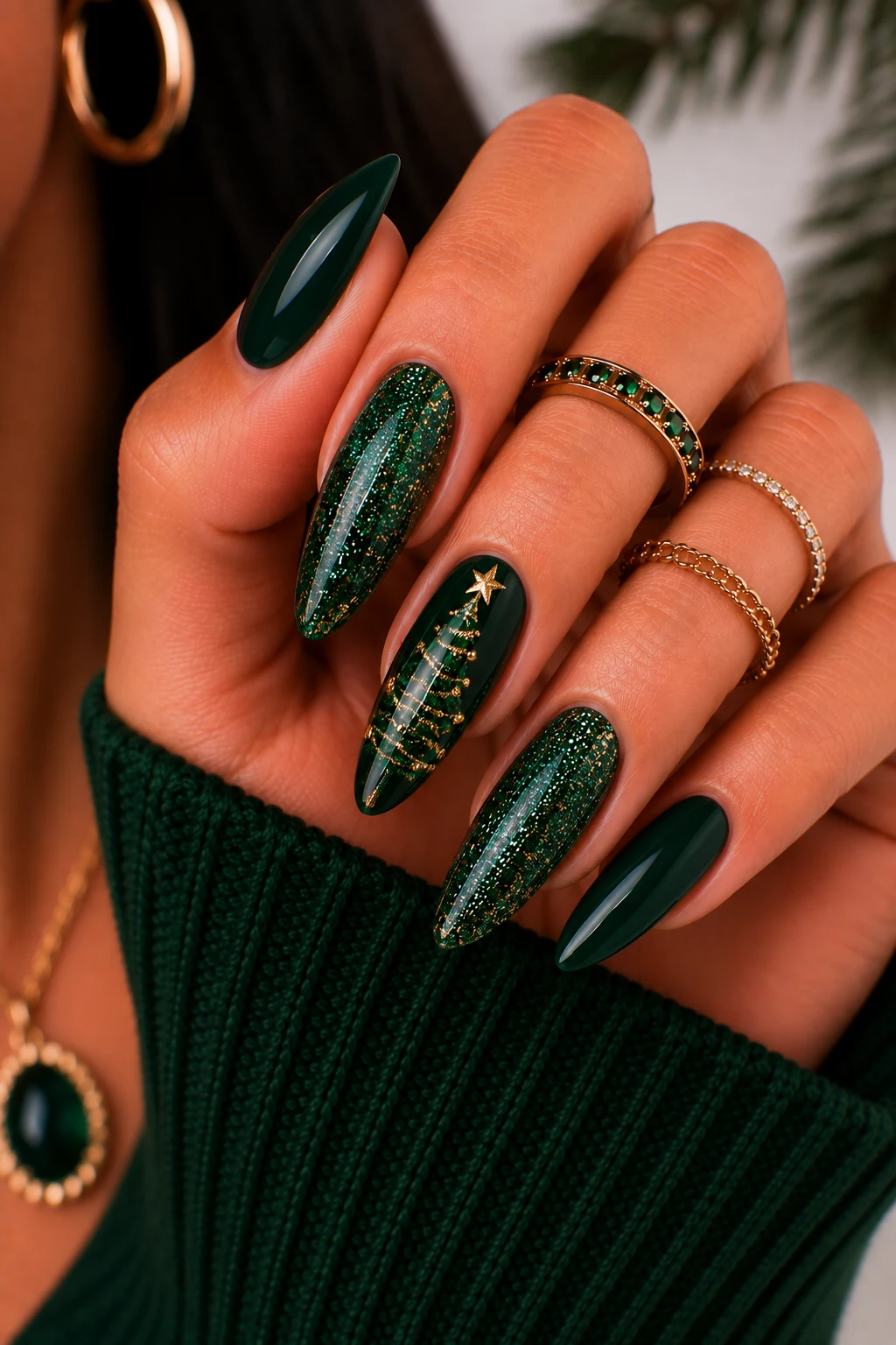 Glittering Christmas Tree Sparkle — christmas nail ideas green style outfit, worn by a stylish woman
