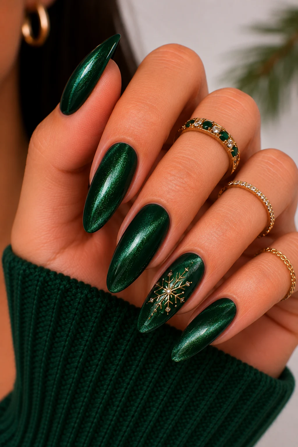 Green Velvet Holiday Luxury — christmas nail ideas green style outfit, worn by a stylish woman