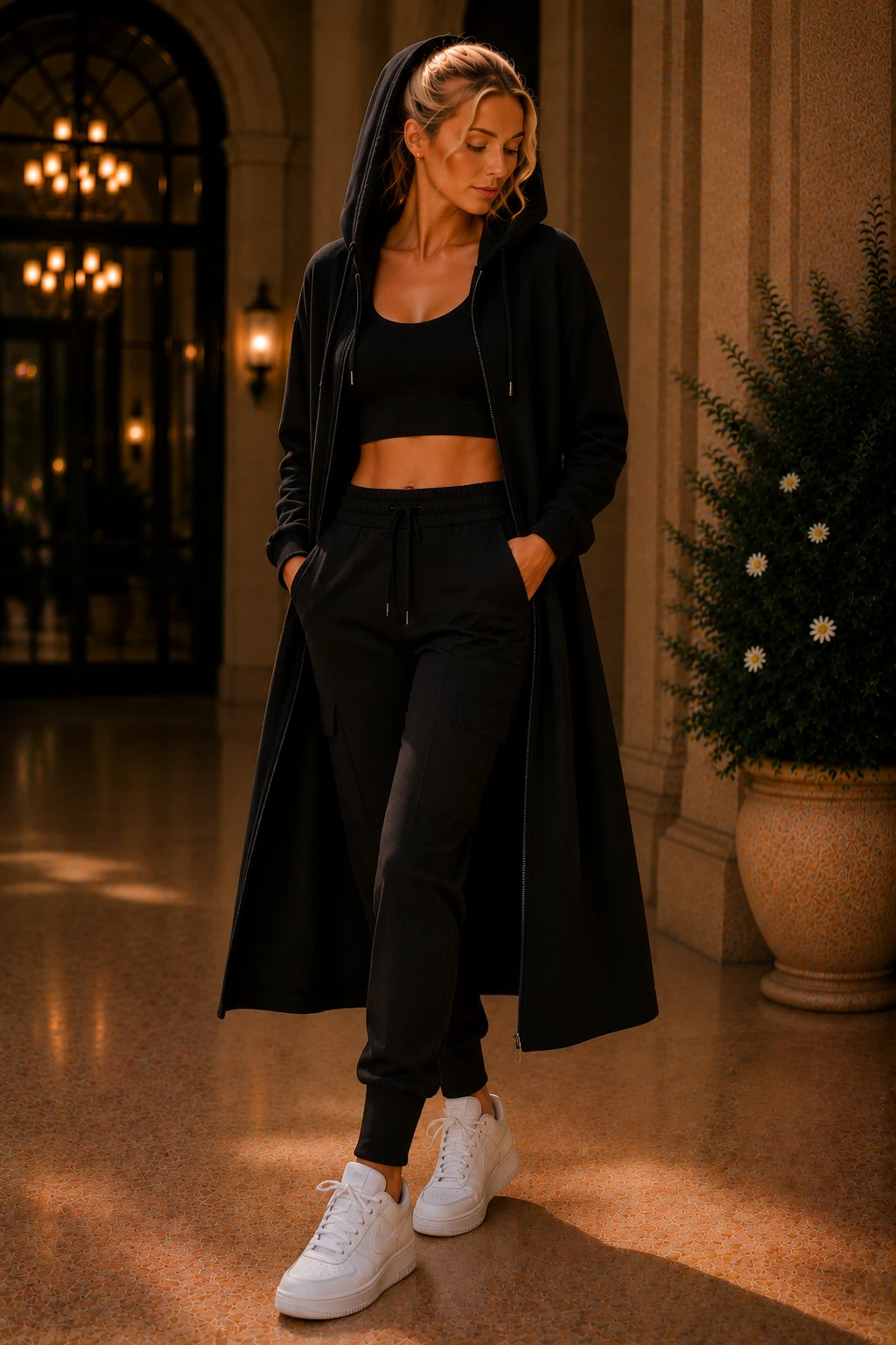 The Hooded Streetwear Statement — cloak and dagger comic outfits style outfit, worn by a stylish woman