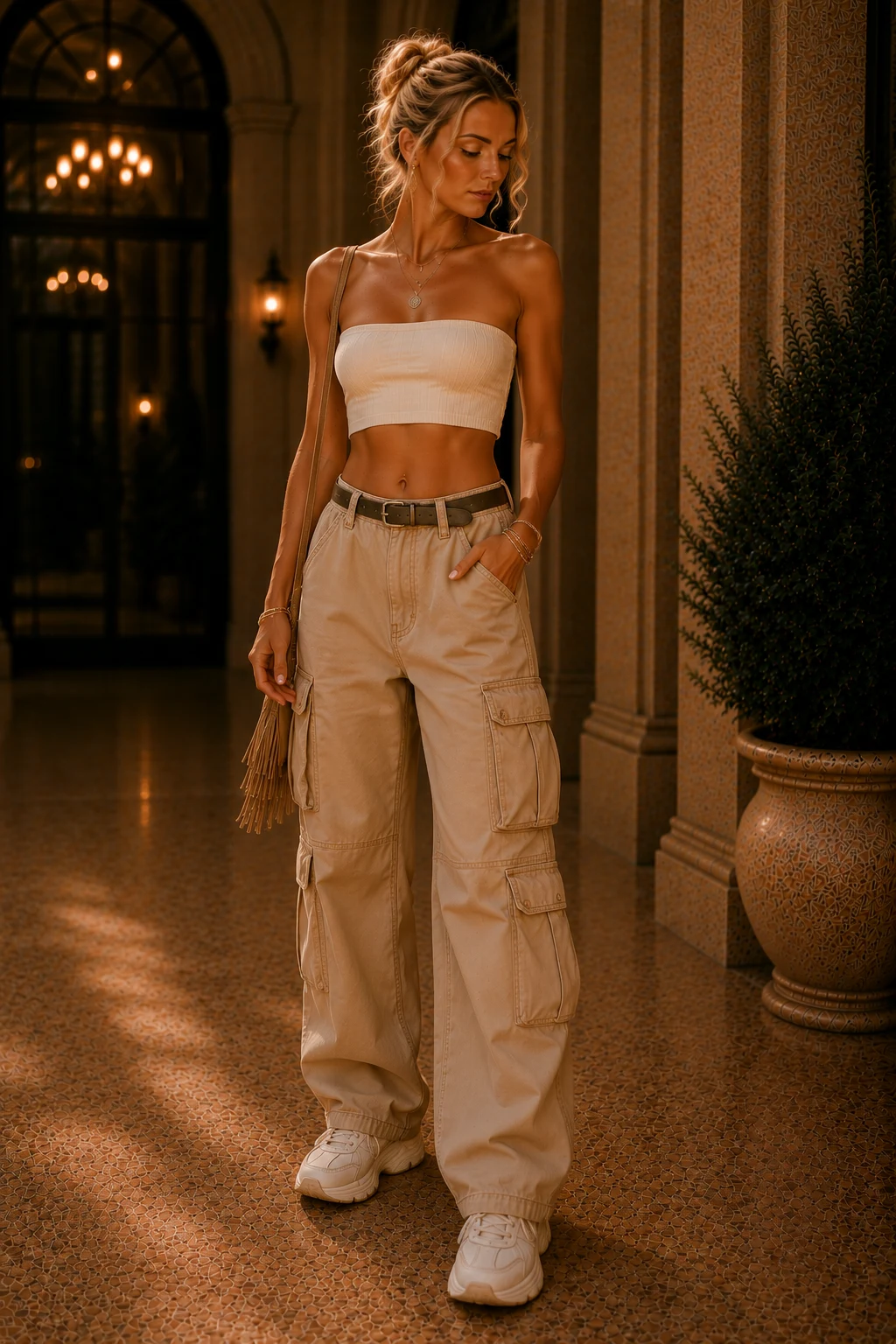The Cargo Pants and Tiny Top Formula — coachella outfits style outfit, worn by a stylish woman